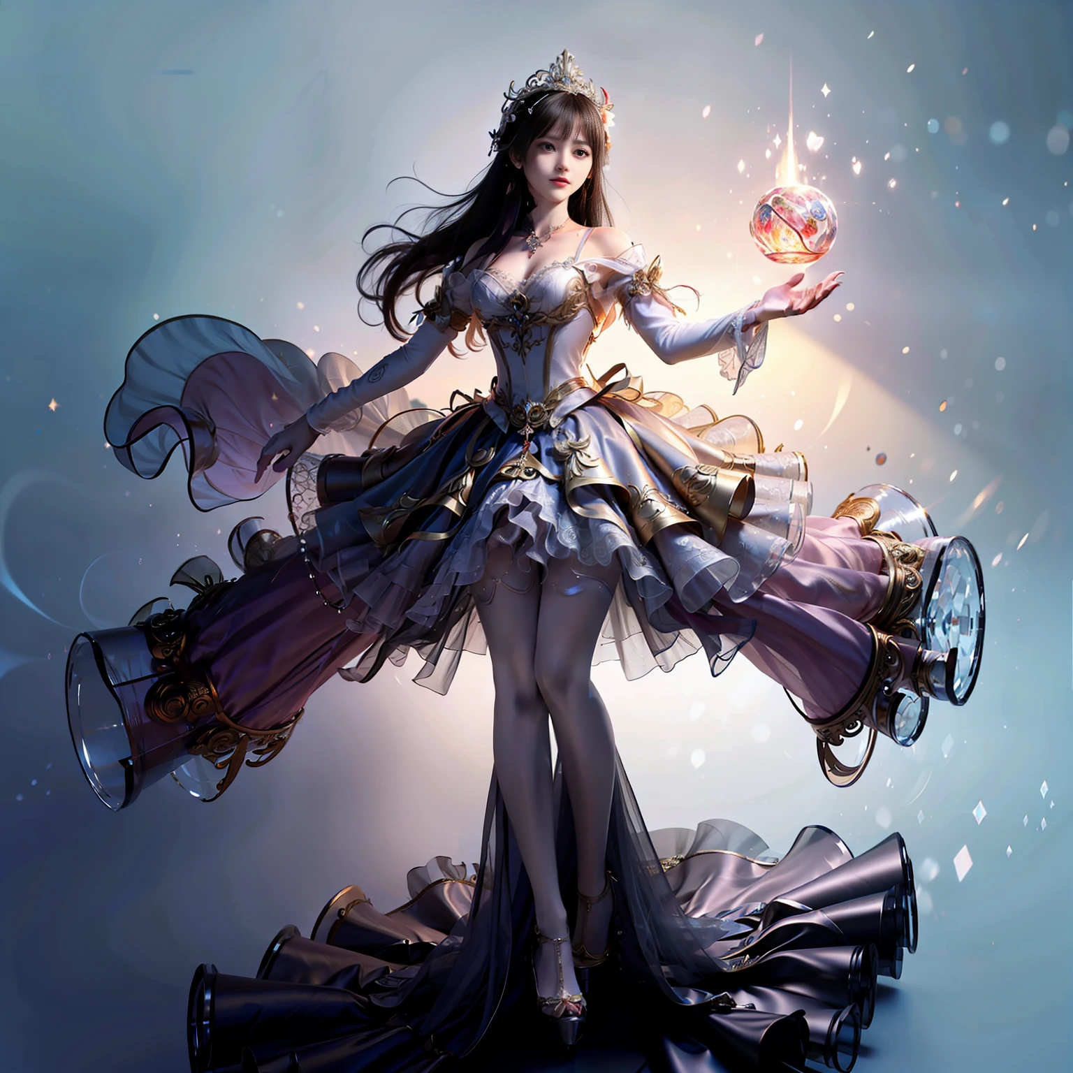 a day of the dead goddess wearing a majestic pink and gold ball gown dress with rhinestones and tulle skirt, big beautiful dress, intricate puffy ball gown with lots of ruffles and rhinestones (Masterpiece, Top Quality, Best Quality, Official Art, Beautiful and Aesthetic: 1.2), (rococo) , Victorian), (1 Flower), Full Body, Extremely Detailed, (Fractal Art: 1.3), Colorful, Most Detailed