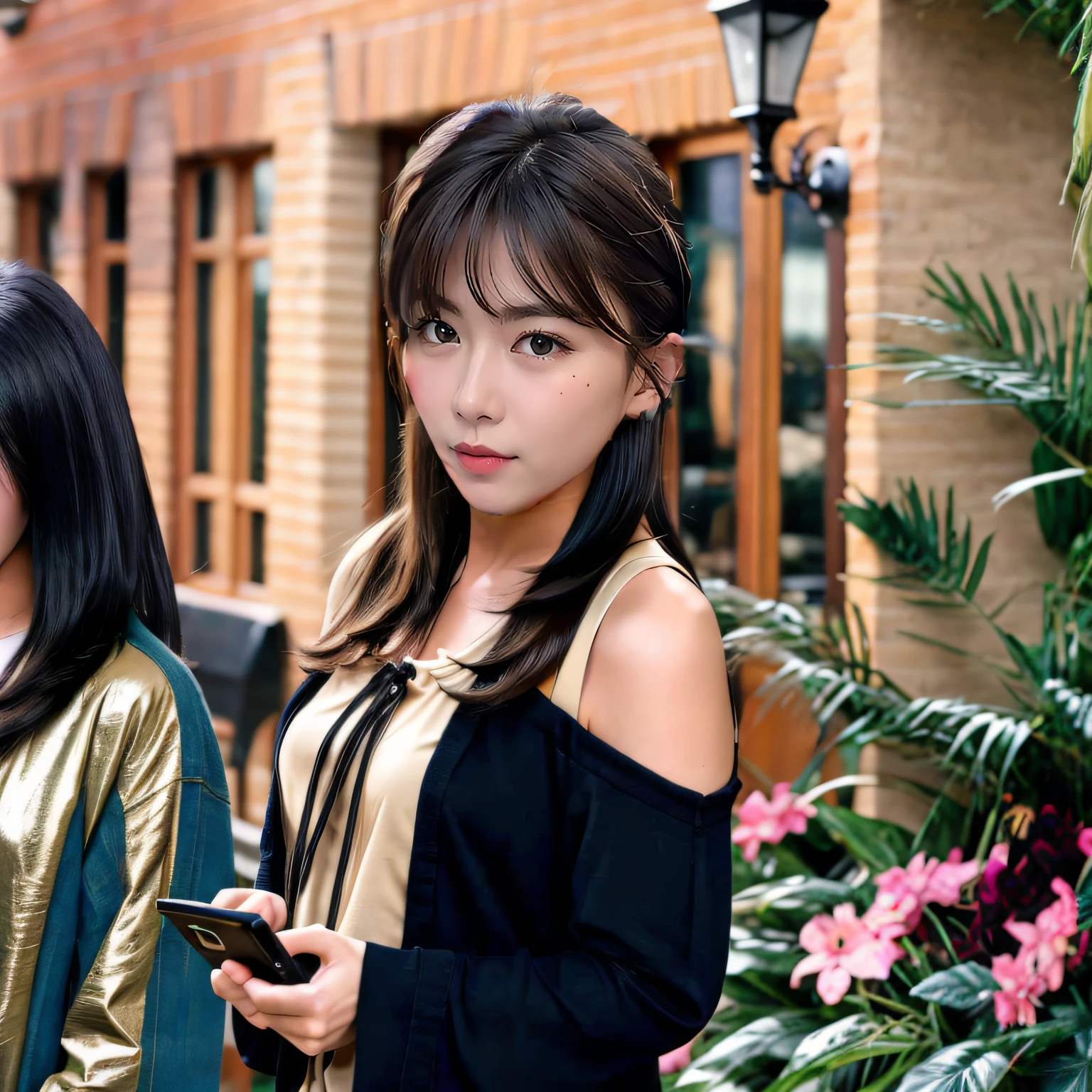 there is a woman that is standing on the street with a cell phone, tidy hair,hair bangs, sakimichan, Urzan, With bangs, with round face, with short hair, gorgeous korean young woman, curly bangs and ponytail, with long hair in takes, length hair,Thick bangs, with full bangs, Korean girl, She has black hair,hair bangs