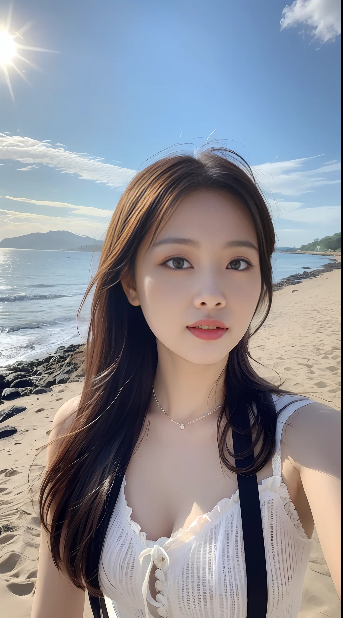 ((最佳质量, 8k, nmasterpiece:1.3)), A pretty maiden，Pure，Melon seed face，gentle and cute，Slightly chubby，Eccentricity，((White suspenders，Beach dress))，Long black fluffy hair，round black big eyes，clear big eyes，Hydrated red lips，sweet，are standing，blue sky with white clouds，Sun'rays，sea beach background，