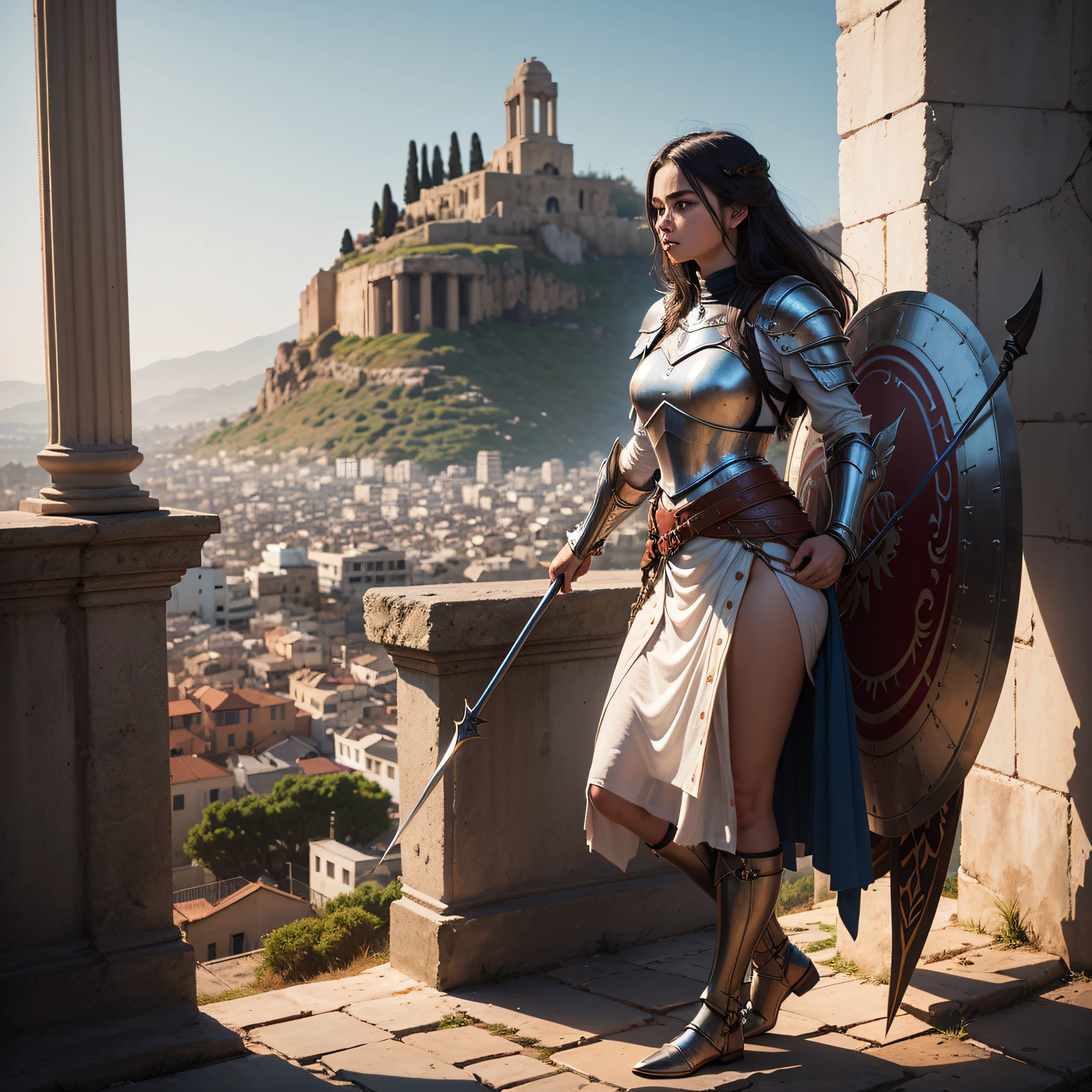 Uma imagem imponente de Atena, a deusa da sabedoria e da guerra, dressed in shining armor and holding a spear and shield. She's standing on top of a hill, com a cidade de Atenas ao fundo, symbolizing your protection and wisdom. Corujas, symbols of wisdom, are perched around you.