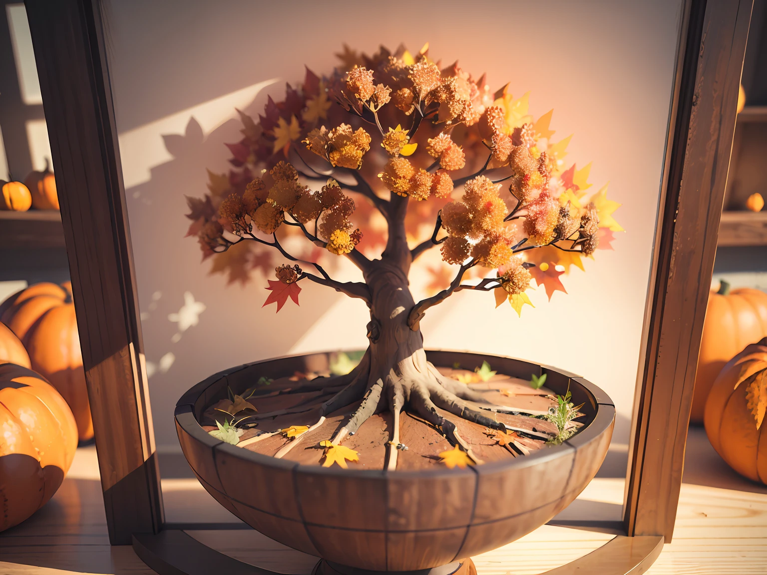 The intricate veins of leaves on autumn leaves tell the story of a tree traveling through the seasons。Like nature's own fingerprints，Each row represents resilience、Adaptability and the passage of time，Engraved on a brightly colored canvas，Superb lighting，volumetr，by Jon Klassen，In Studio Ghibli style，Tilt - shift，80mm lens，Large aperture，3D，Blander，nmasterpiece，super detaill，最佳质量， --v6