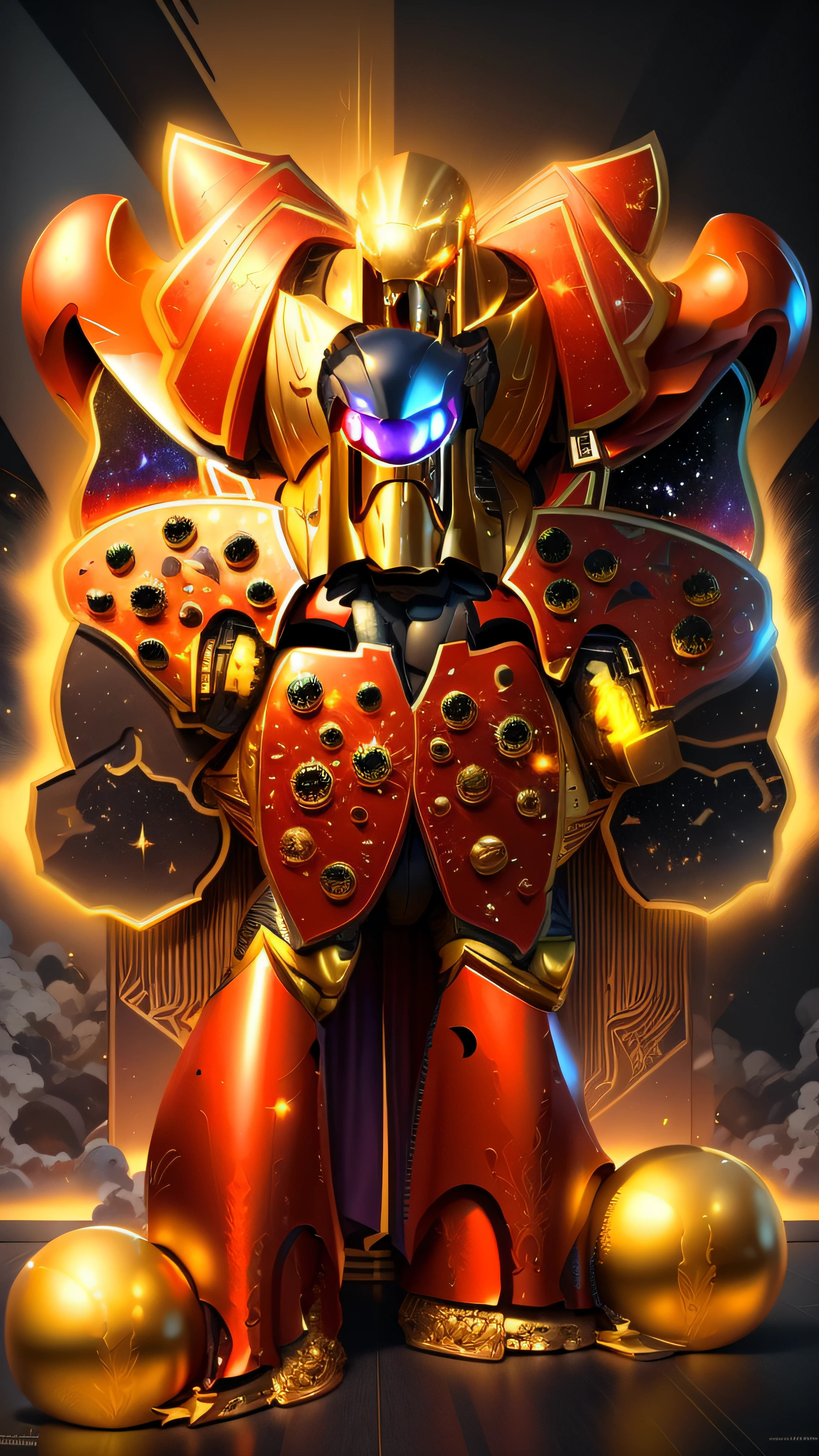 There is a cartoon image of one Clown on top of another with an orange outfit, vermelha e bege, Deus grego no estilo mecha, Getter Robo, galactic deity, Mazinger, detailed cosmic angelic robot, Galactus!!!!, transformando-se em sua forma final, deus rei da arte ai, armadura saiyajin, Estilo Varguyart, Imperador do universo conhecido, Ultra Mega Super Detalhe