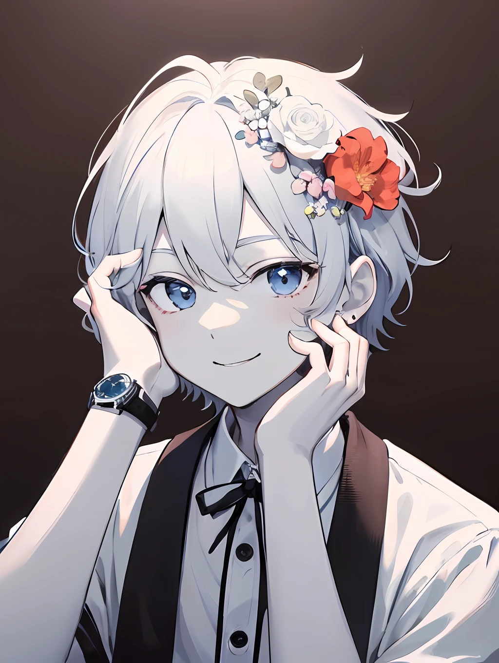 nmasterpiece,best possible quality,1boy,独奏,short and medium hair,looking at the spectator,Smile with,White shirt,button,jewelries,blooms,wristwatch,Double sides up,hand_on_own_face,head_rest,hand_on_own_cheek,line-art,flat-colors,