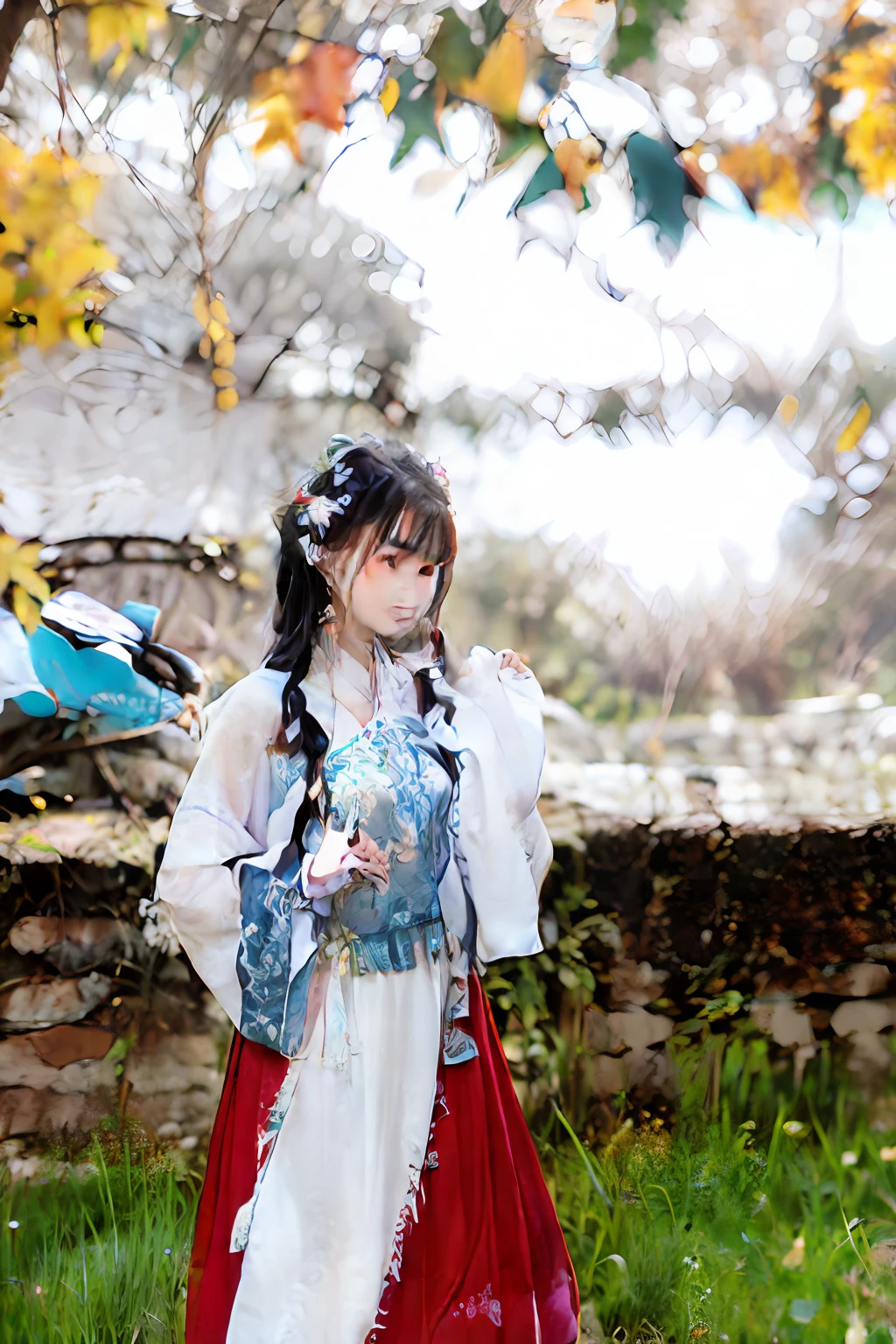 Wearing a red and white dress,Woman in blue and white shawl, sci-fi tibetan fashion, beautiful himalayan woman, beautiful young himalayan woman, young himalayan woman, traditional outfit, a young woman as genghis khan, royal palace , A girl in Hanfu, White Hanfu, Traditional beauty, traditional attire, Hanfu, traditional outfit