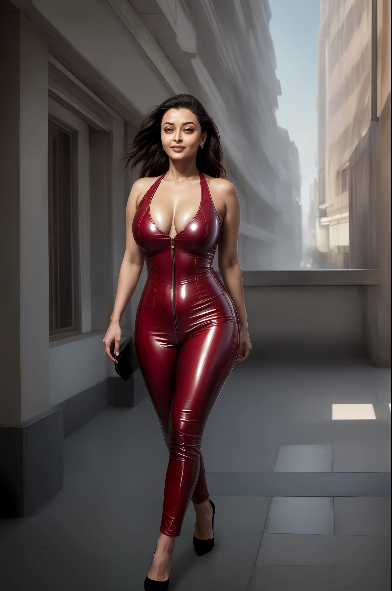 Aishwarya rai as corporate lady, red latex suit without shirt, high heels, curvy, massive cleavage, no shirt, unbuttoned suit, open hair, posing in balcony, day scene, breasts visible show, breasts popping out, hourglass figure, massive breasts, nipple slip, fit, seductive face, look at camera and smile, erotic adult face, 40 yo, soft volumetric lights, intricate details, (ArtStation:1.2)