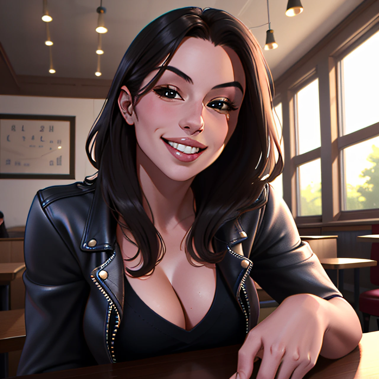 amrbray, a woman with a sexy smile posing for a picture in a cafe in a leather jacket , 4k, RAW, high detail, high quality , highly detailed skin, realistic face, presenting cleavage, very seductive, distinct and perfect teeth,