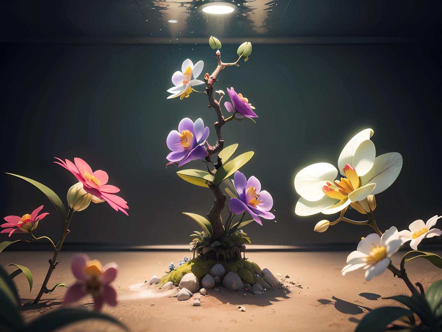 From the depths of delicate orchid bloom,A hidden fascinating world has emerged。Pokemon invisible to the naked eye fly between velvety petals,Cast ethereal shadows,Sprinkle elven-like dust,Spread magic throughout the flower kingdom,Superb lighting,volumetr,by Jon Klassen,In Studio Ghibli style,Tilt - shift,80mm lens,Large aperture,3D,Blander,nmasterpiece,super detaill,最佳质量, --v6