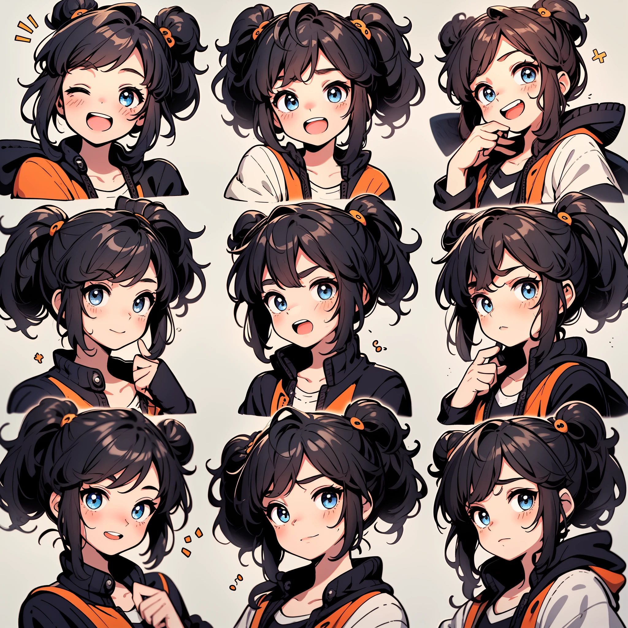 1 cute girl，9，9 emoji packs，9 poses and expressions，Disney  style，Black strokes，Different emotions，8K