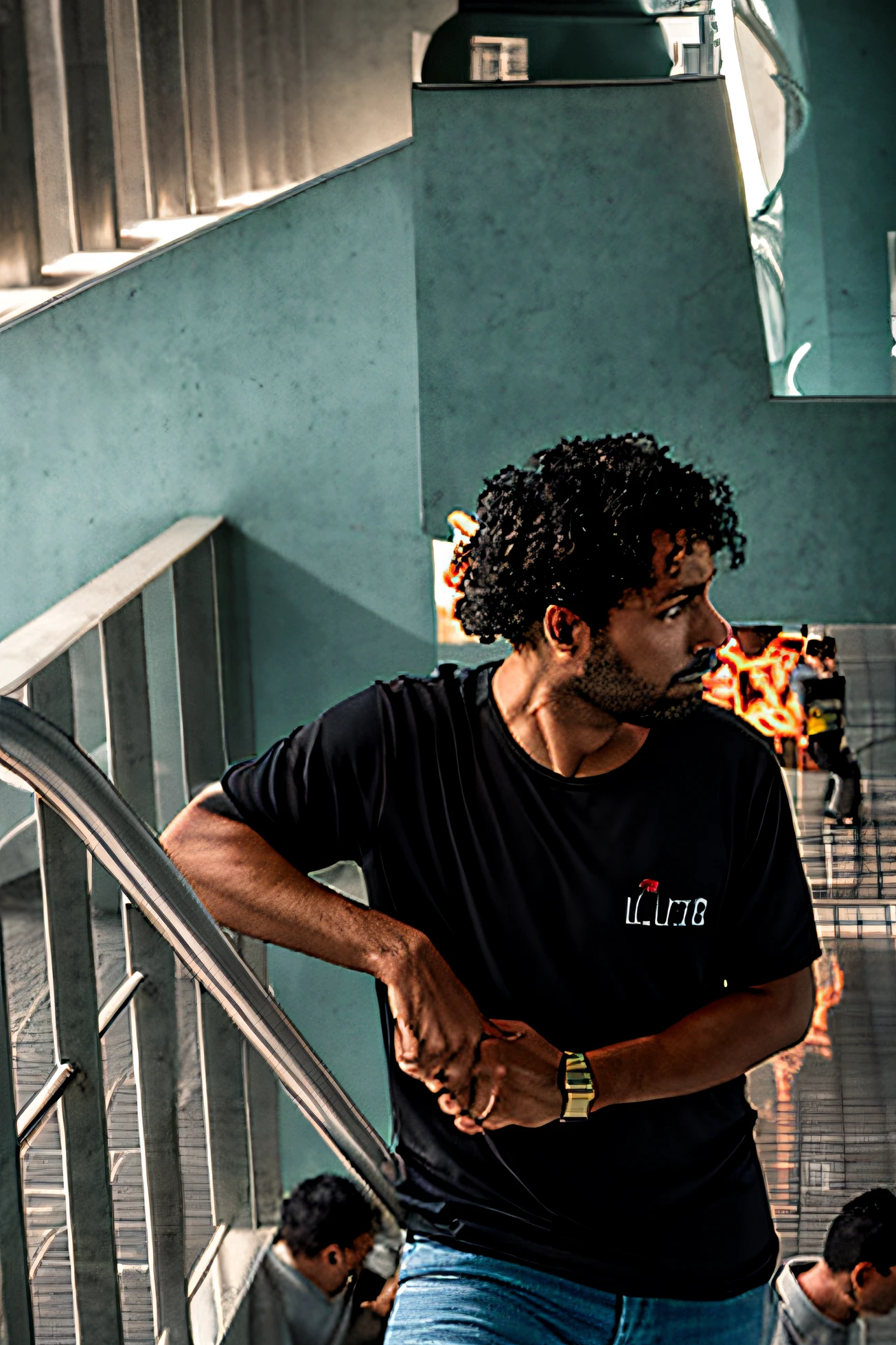 there is a man that is standing on a escalator, pessoa em primeiro plano, andrea rocha, looking away from camera, looking away from the camera, anime, um homem negro com longos cabelos cacheados, Nick Silva, Tiro em Leica SL2, Marcos Ariano, looking to the side off camera, by João Artur da Silva, david rios ferreira