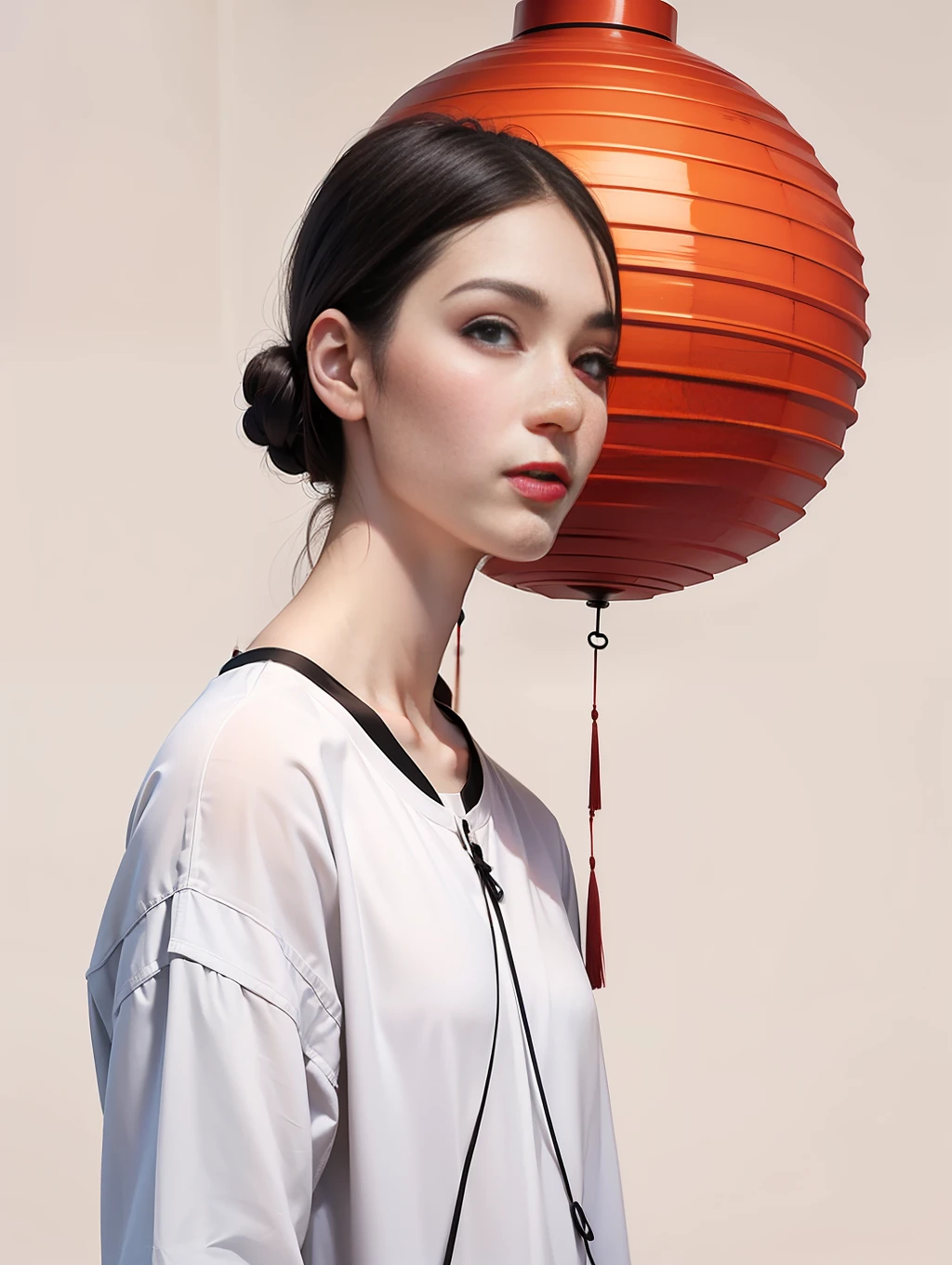 An aspiring high-fashion model, Dressed in minimalist clothing，Inspired by traditional Chinese lanterns. The bold pose is captured in an asymmetrical composition for AnOther, by the artistically unique Raf Simons  --ar 9:16 50 --style raw --s 2