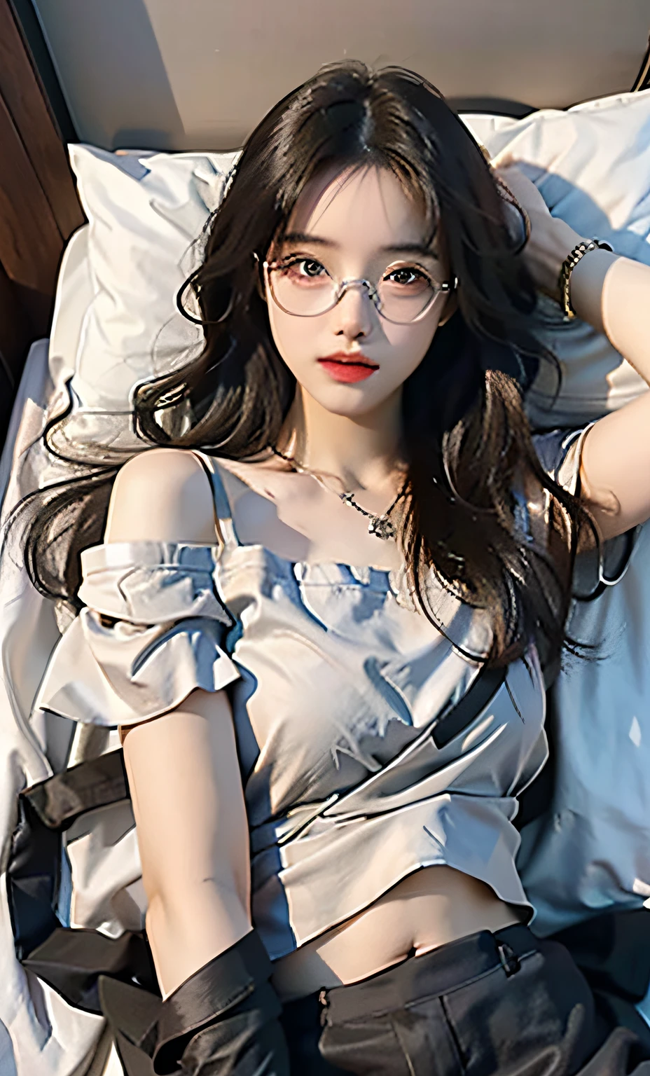 Beautiful detailed girl, very detailed eyes and face, beautiful detailed eyes, (full body), 1girl, , long hair, side split, (with glasses), (perfect body 1.3) ((side lying on bed)), stockings, (nightdress), super detailed, high resolution, best quality, masterpiece, illustration, fine details, masterpiece, 8k wallpaper, movie lighting,