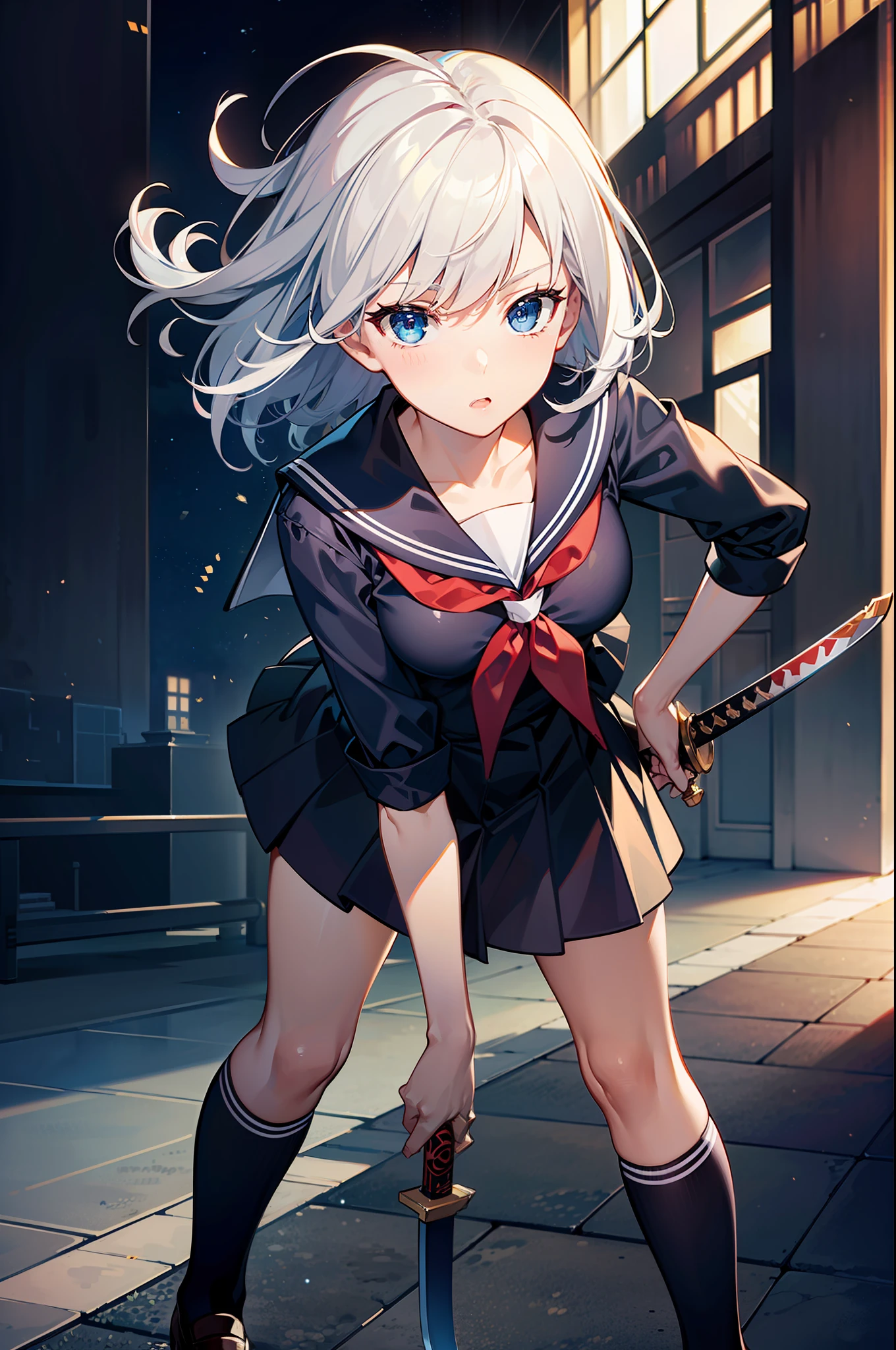 masterpiece, best quality, masterpiece,best quality,official art,extremely detailed CG unity 8k wallpaper, artbook, girl, medium hair, white hair, blue eyes, small breasts, ((serafuku)), kneehighs, holding sword, leaning forward, fighting_stance,student,floating in the sky,cool