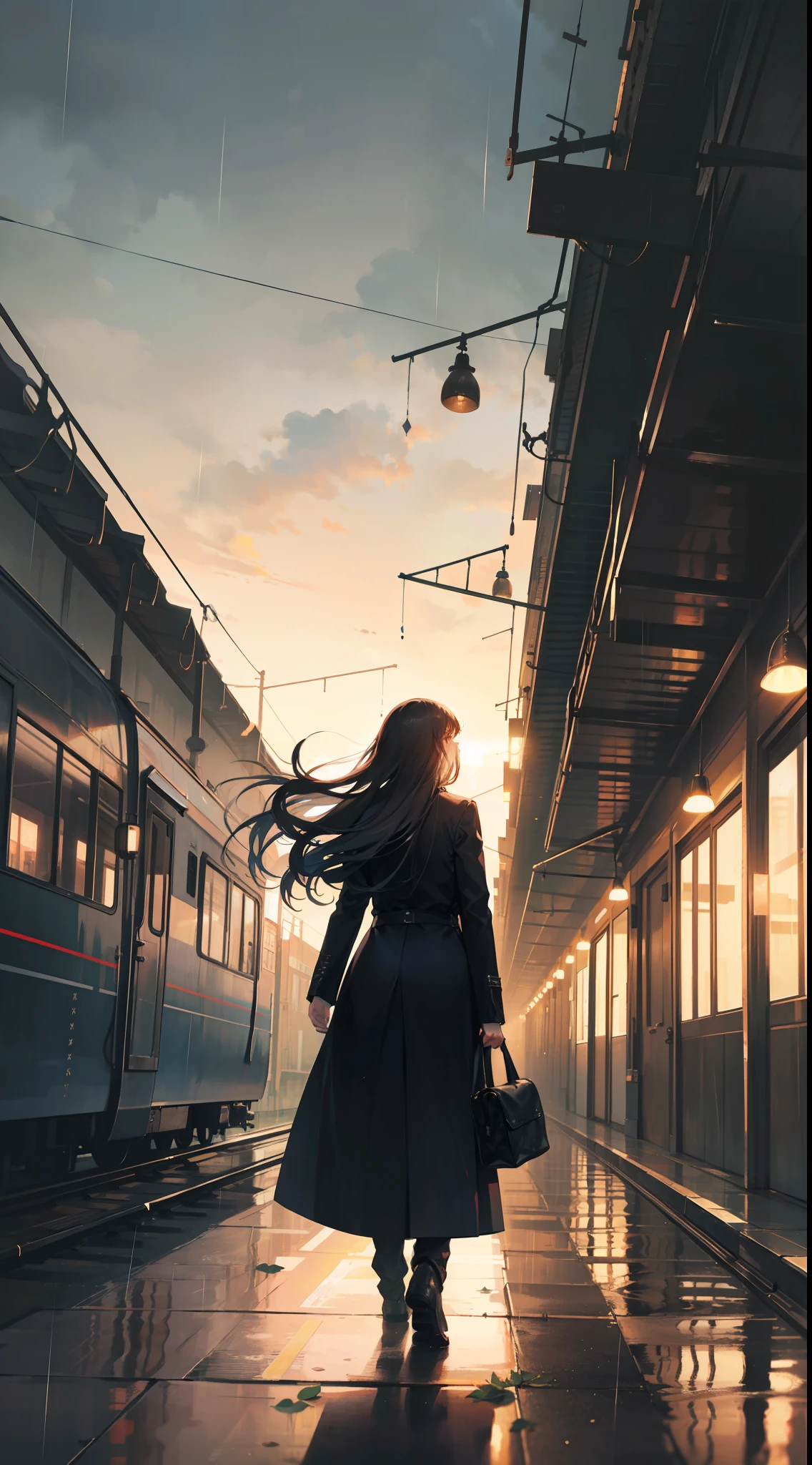 (1girl, backwards,train track, masterpiece), high details, nature, artistic, contrast,shadows, gorgeous, old, cinematic,centralized, metal, high details, overcoat, rainy day BREAK symetric, gorgeous, leafs, sunset, full body, depth, windy, long hair, backs, freedom