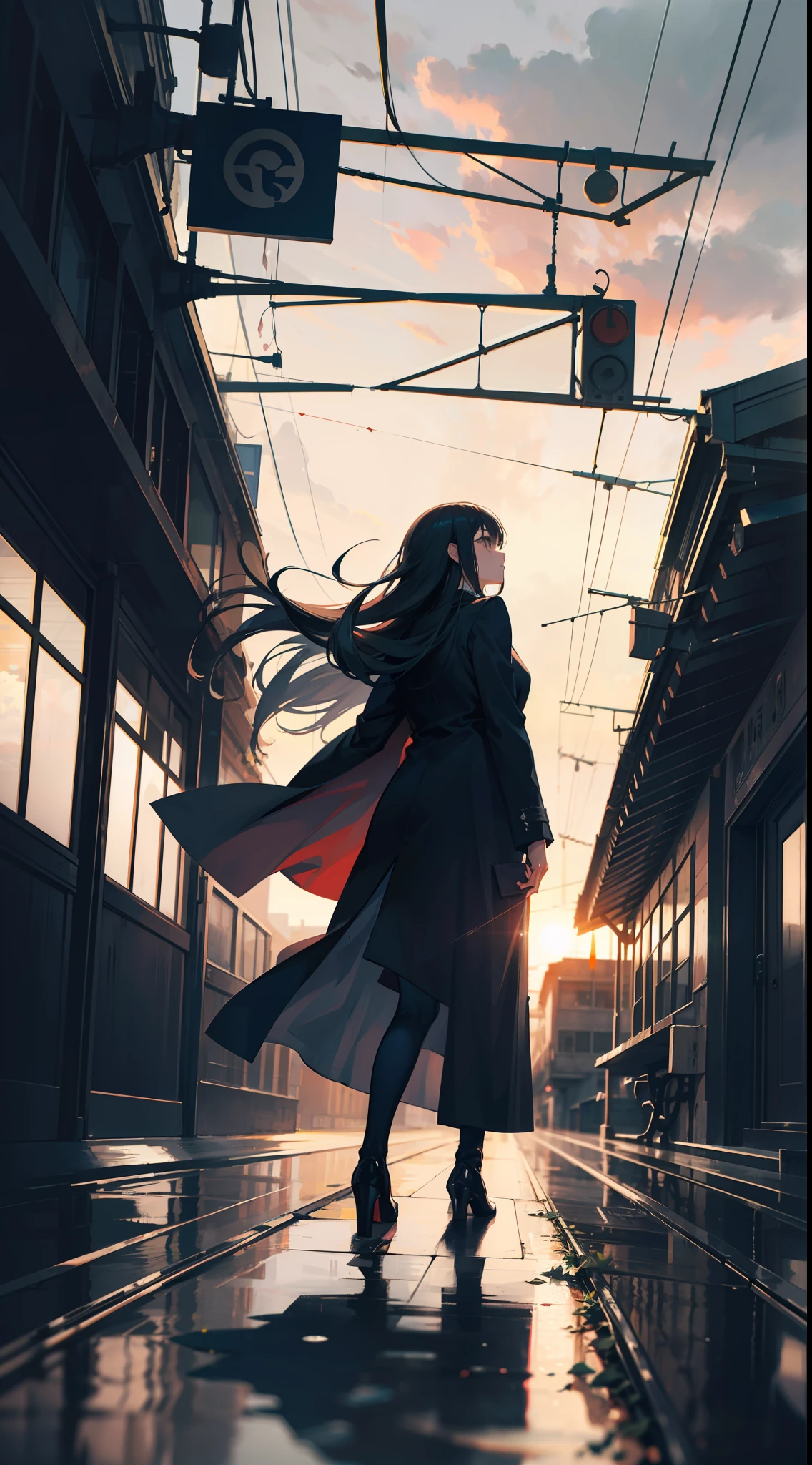 (1girl, backwards,train track, masterpiece), high details, nature, artistic, contrast,shadows, gorgeous, old, cinematic,centralized, metal, high details, overcoat, rainy day BREAK symetric, gorgeous, leafs, sunset, full body, depth, windy, long hair, backs, freedom