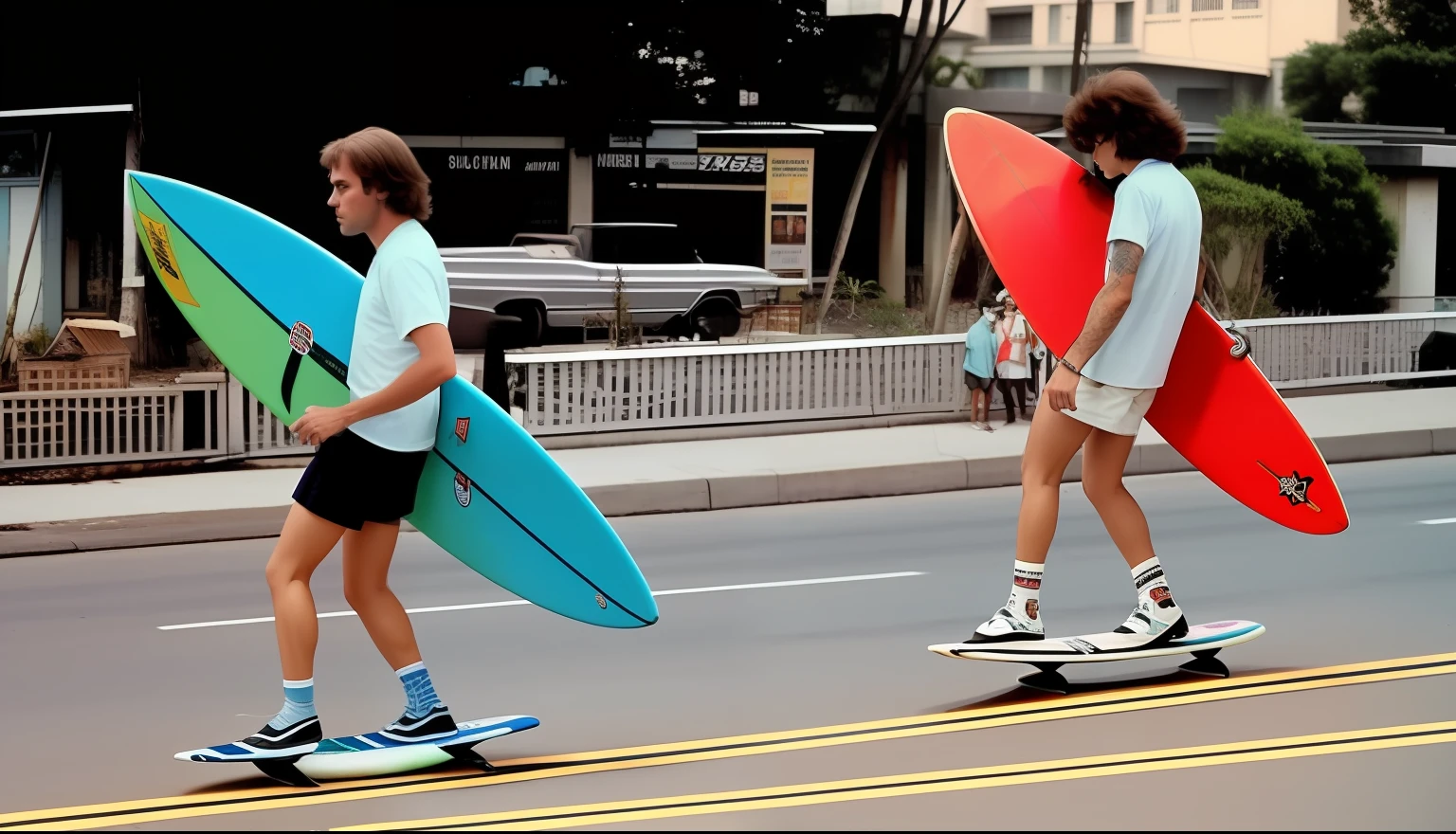 reimage, Surfistas carregando suas pranchas pela rua da cidade, foto dos anos 80, 7 0 s fotografia de rua, a partir do 7 0 s, foto dos anos 70, foto do 7 0 s, Fotografia dos anos 1980, final 1 9 6 0 anos, Foto de 7 0 s, Foto anos 70, standing on surfboards --auto
