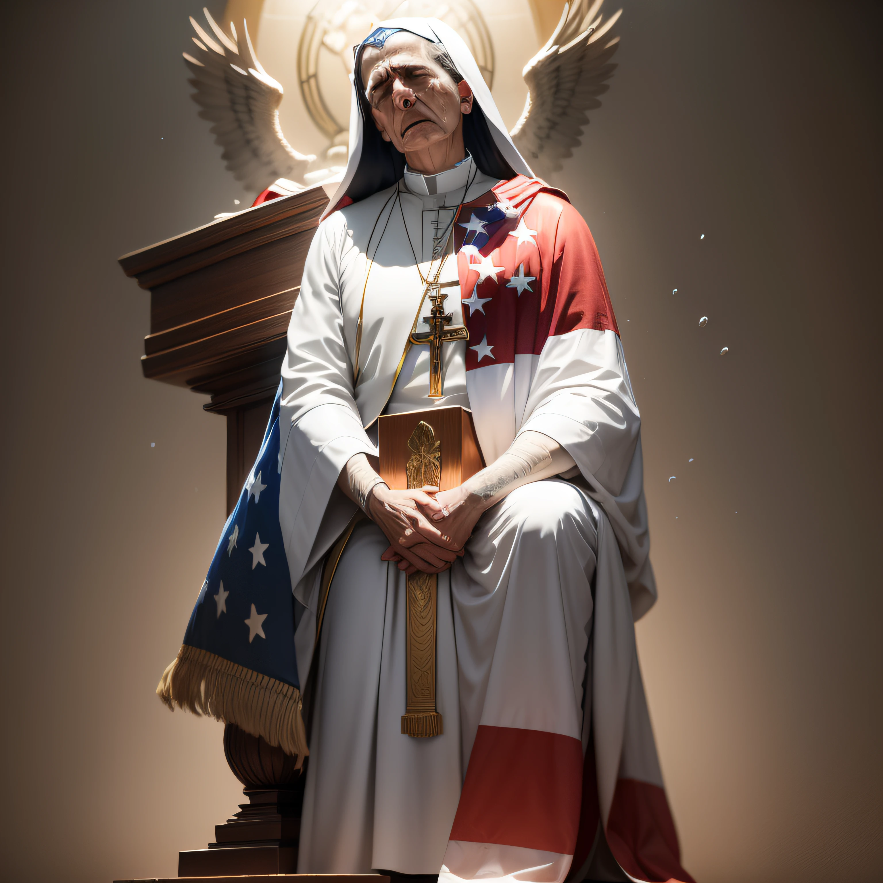 Image of the Holy Father of the Roman Catholic Church wearing a United States flag as a blanket and weeping on top of a United States flag, Holy Father weeping on top of a small coffin draped in the flag of the United States