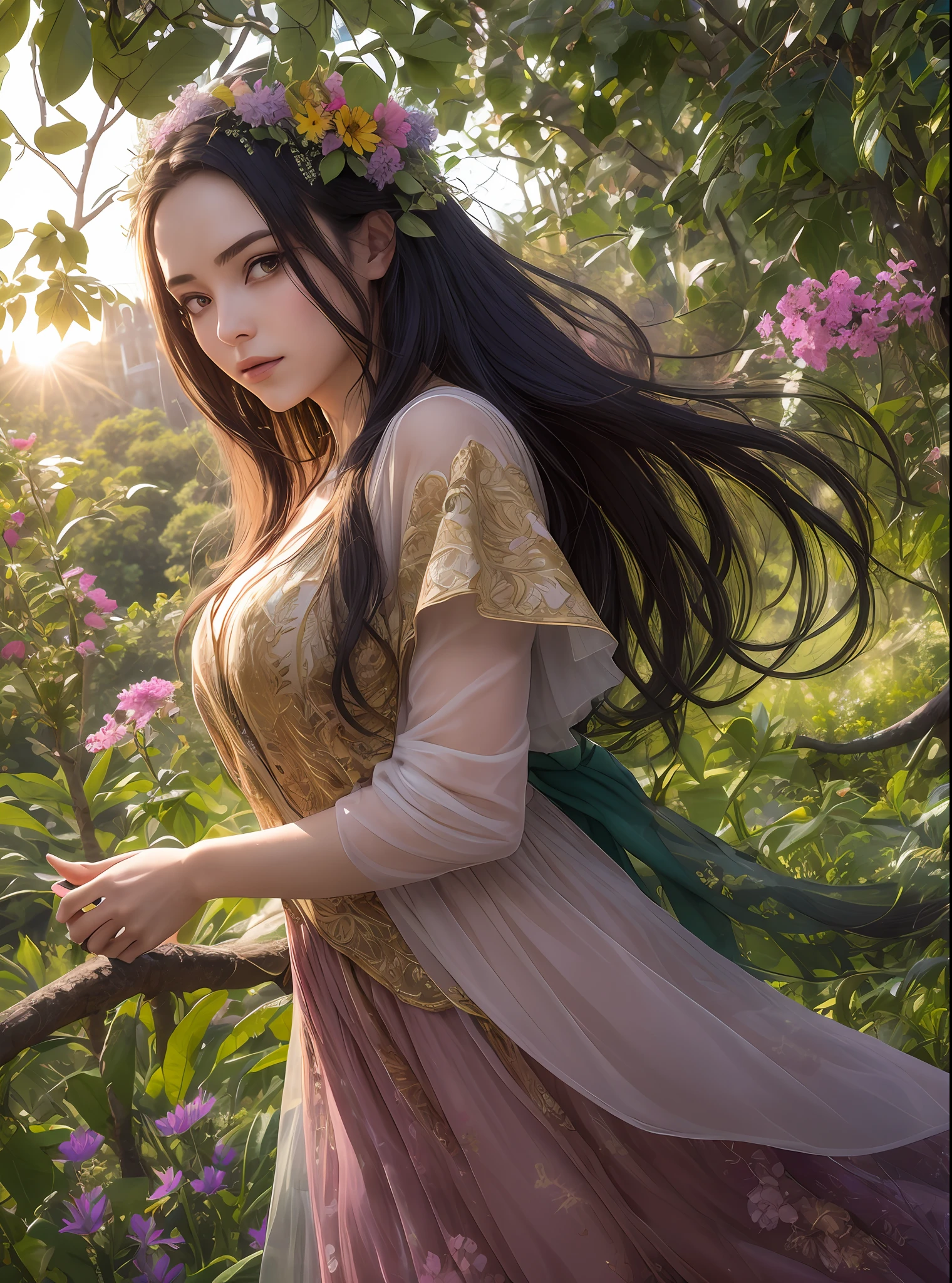 (Visual Prompt)) A woman in a magical and enchanting environment, surrounded by exotic flowers and lush trees.
She is dressed in a long, flowing dress with vibrant colors and intricate patterns.
Seus cabelos ondulados caem suavemente sobre seus ombros, adornado com flores delicadas.
The soft light of the sun passes through the leaves of the trees, criando um jogo de sombras e luzes em seu rosto sereno. She holds a glowing orb in her hands as she gazes at the distant horizon, where a majestic castle looms against the sunset sky.
