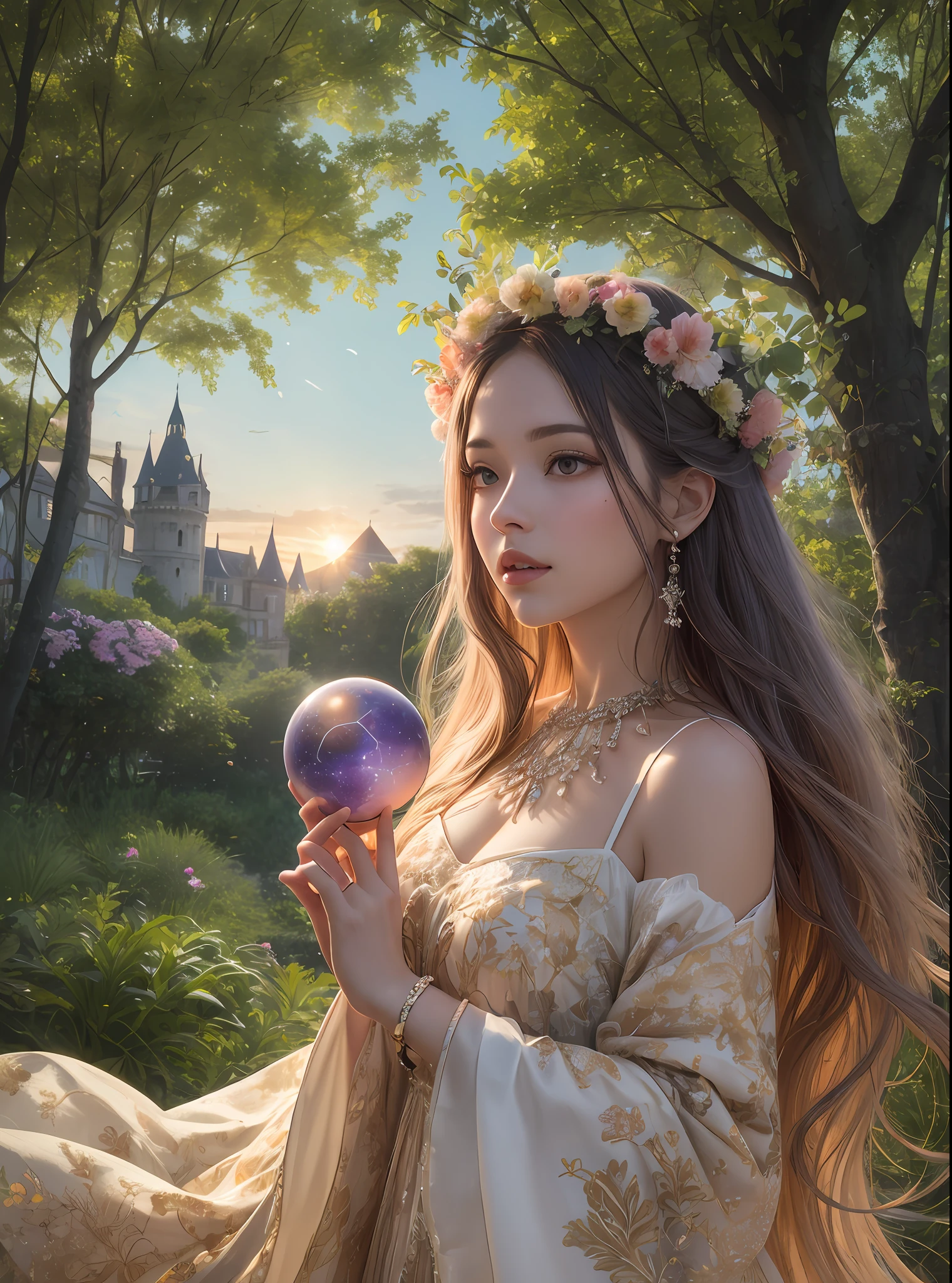 (Visual Prompt)) A woman in a magical and enchanting environment, surrounded by exotic flowers and lush trees.
She is dressed in a long, flowing dress with vibrant colors and intricate patterns.
Seus cabelos ondulados caem suavemente sobre seus ombros, adornado com flores delicadas.
The soft light of the sun passes through the leaves of the trees, criando um jogo de sombras e luzes em seu rosto sereno. She holds a glowing orb in her hands as she gazes at the distant horizon, where a majestic castle looms against the sunset sky.