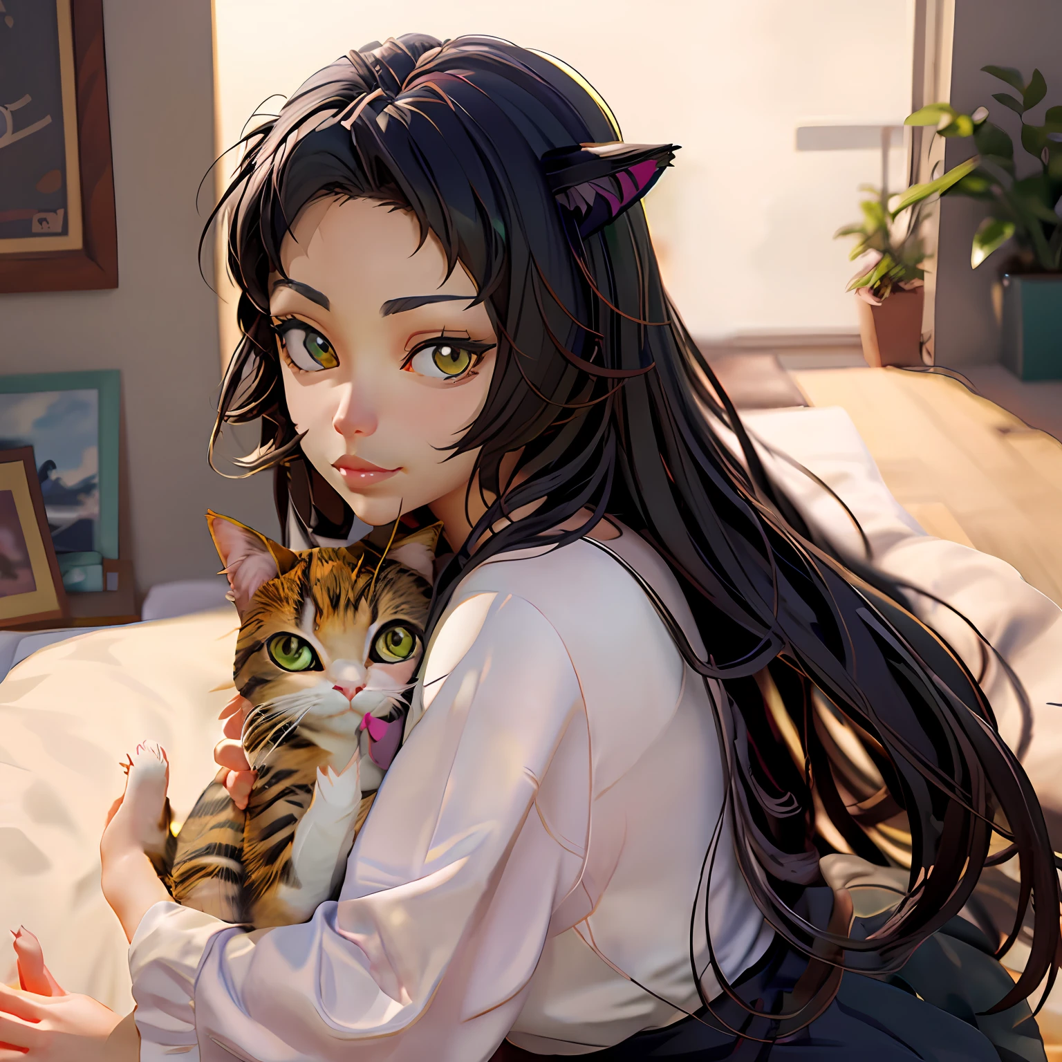 Anime girl with long black hair,Holding a cat on his lap, anime visual of a cute cat, beautiful anime catgirl, Very beautiful anime cat girl, anime cat, cute anime catgirl, anime girl with cat ears, realistic anime cat, style of anime4 K, anime catgirl, Attractive cat girl, anime moe art style, very beautiful cute catgirl