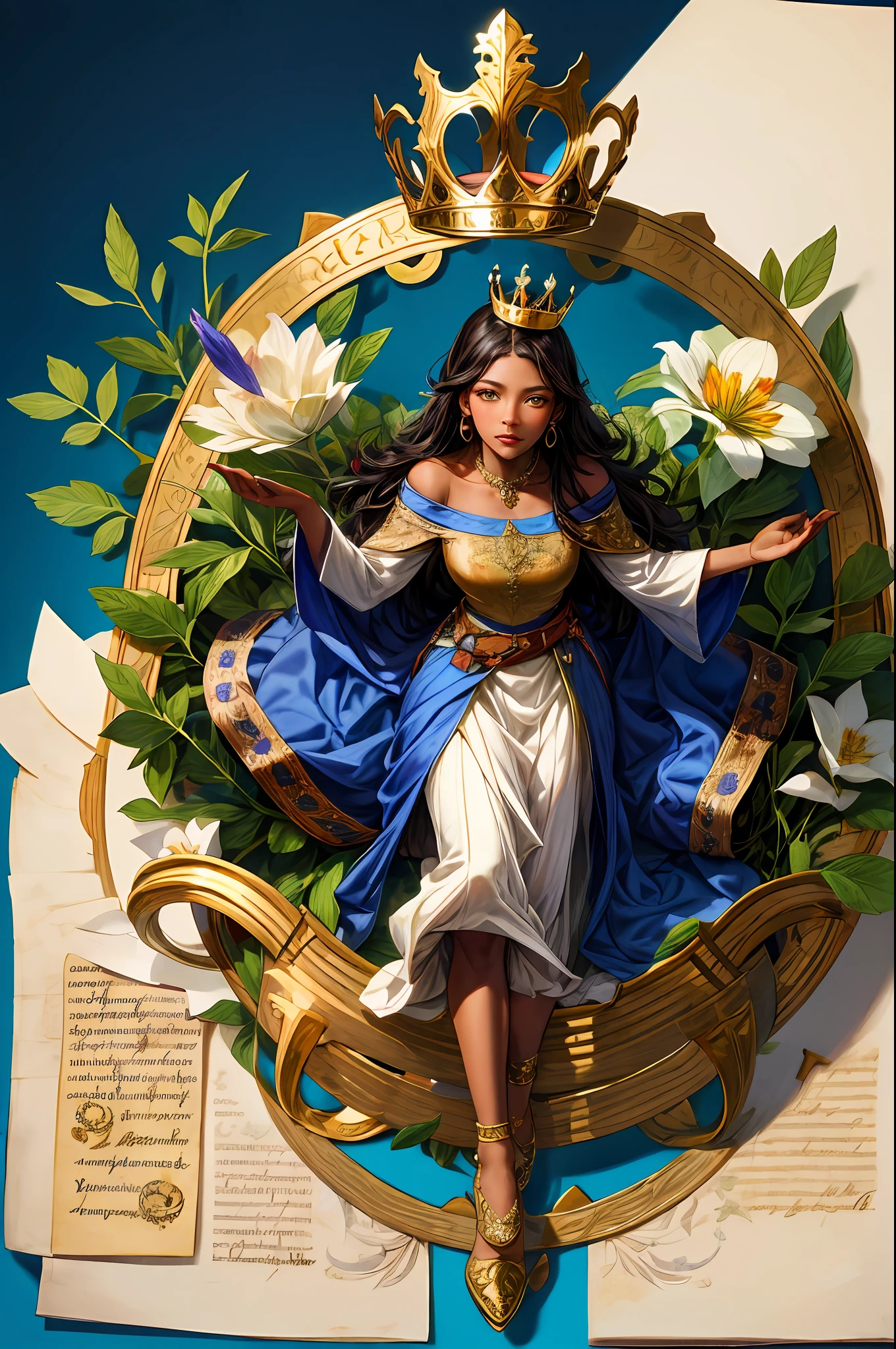 Detailed illustration of a medieval herbal manuscript page with herbal illustrations, with floral illustrations, fruits, intricate text, exceptionally high details, aerial view from above, centred, 1 princess with a crown, dark skin, blue background