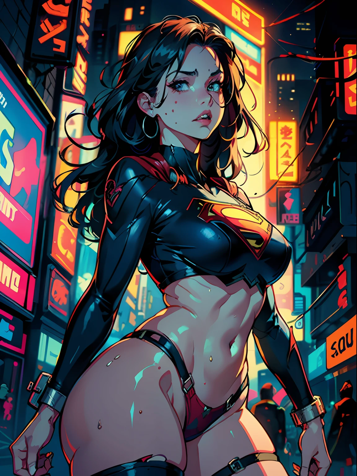 a digital painting of supergirl merging with venom, long hair, cyberpunk art by Josan Gonzalez, winner of the behance contest, afrofuturism, synthwave, neon, shiny neon, thick thighs, thin waist, sensual, nsfw, little clothing, erotic art, anime, torn battle clothes, extremely sexualized, sweaty body, NSFW, big breasts, big ass, HD, 8k, High quality, details, perfect body, Highlight the body, detail on the perfect face, detail in the background