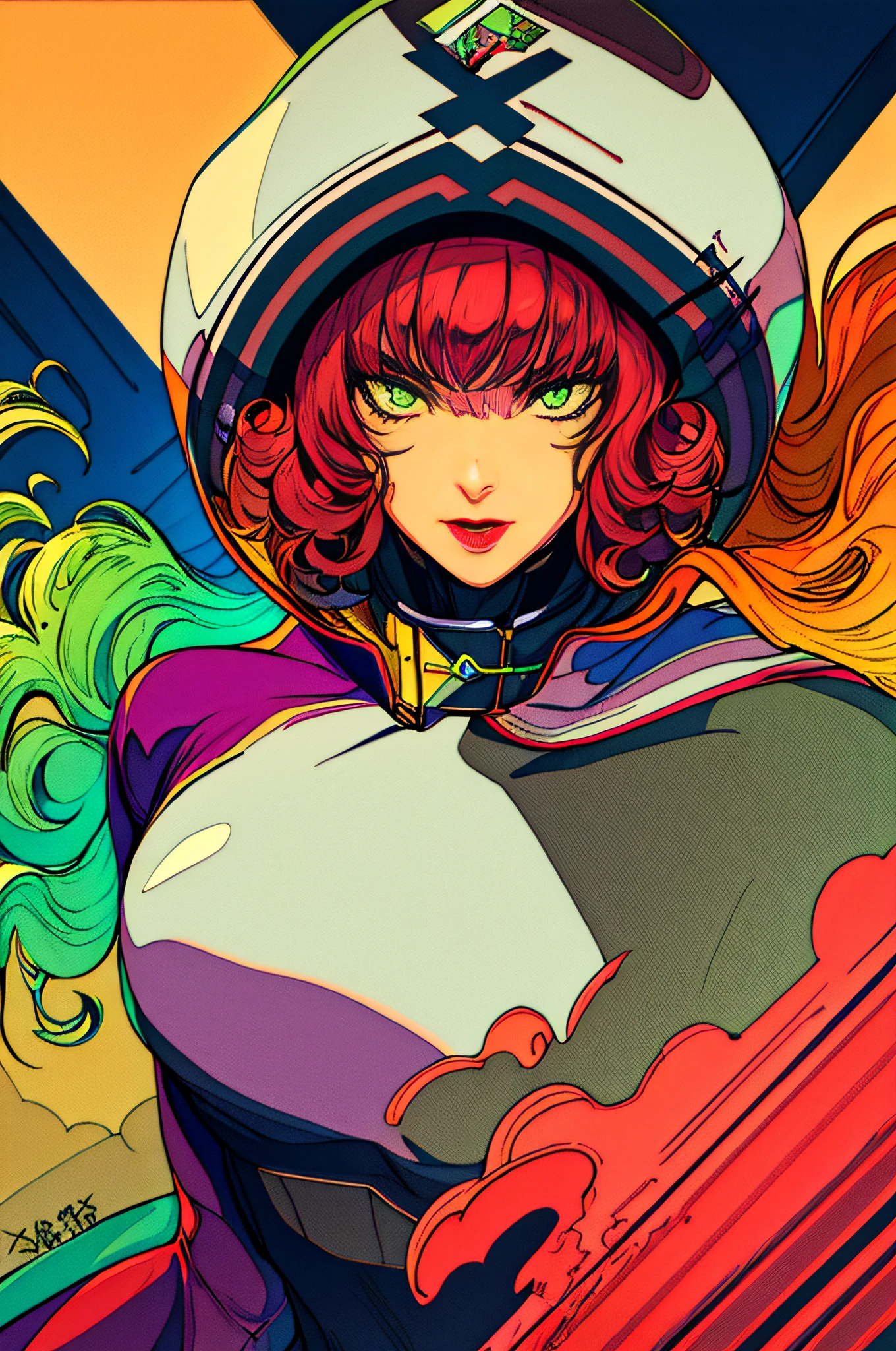 masterpiece, best quality, 1girl, red lips, solo, green eyes, green and yellow body suit, curly hair, multicolored hair, white hair, auburn hair, two-tone hair,ombre , Rogue of the X-men, Anna Lebeau, bangs, hood, side lighting, skiny skin, superhero,best illustration