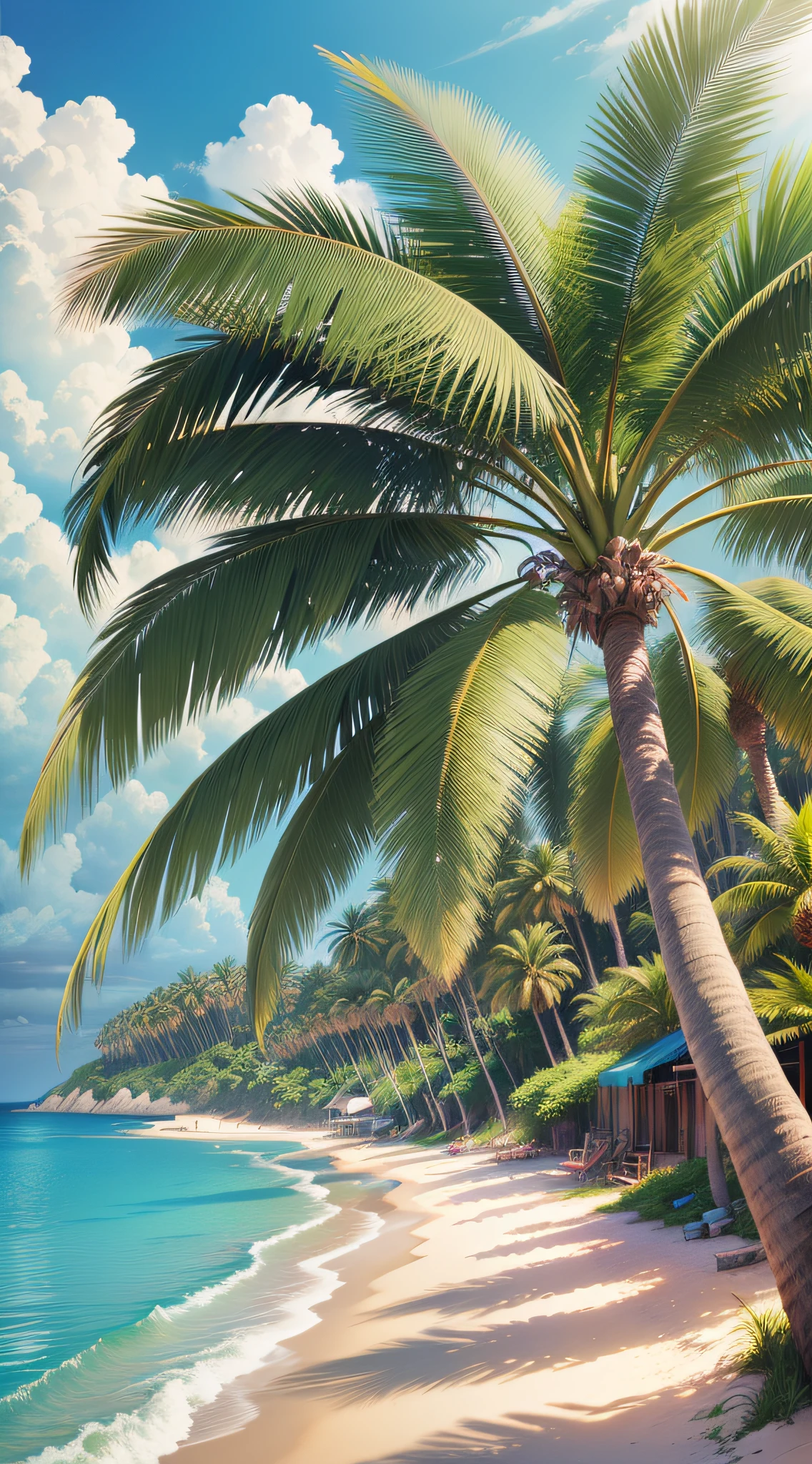Pink ocean seaside coconut trees，vaporwave style，a comic style，Poster art，Advertising art，arte de fundo，Summer flat，Dopamine style is colorful，Super highly saturated background,Pink summer day，Romantic and cute