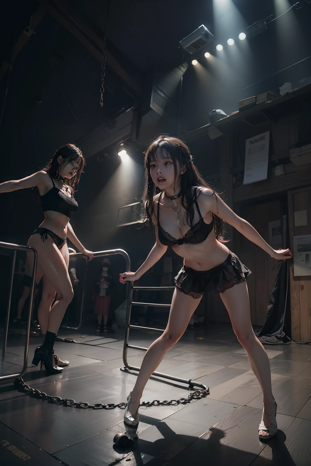 The highest quality shooting, spectators、collars, chains, dim room, abandoned houses, Crowds, entire venues　, basements, the presence of scars on the body、Wet underwear, Lace underwear, Lace lingerie, stage, theater, Spreading legs , White underwear, Ren Hao, mini-skirts, chains, spectators, Crowds, cages　, stage, Stretching legs, Dim spotlight, Wet skin, Long hair, Low angle full body lens photo, Black hair, shining beautiful skin, Sweat, collar and chain accessories, beautiful black pupil and hair, Detailed expression, Beautiful eyes