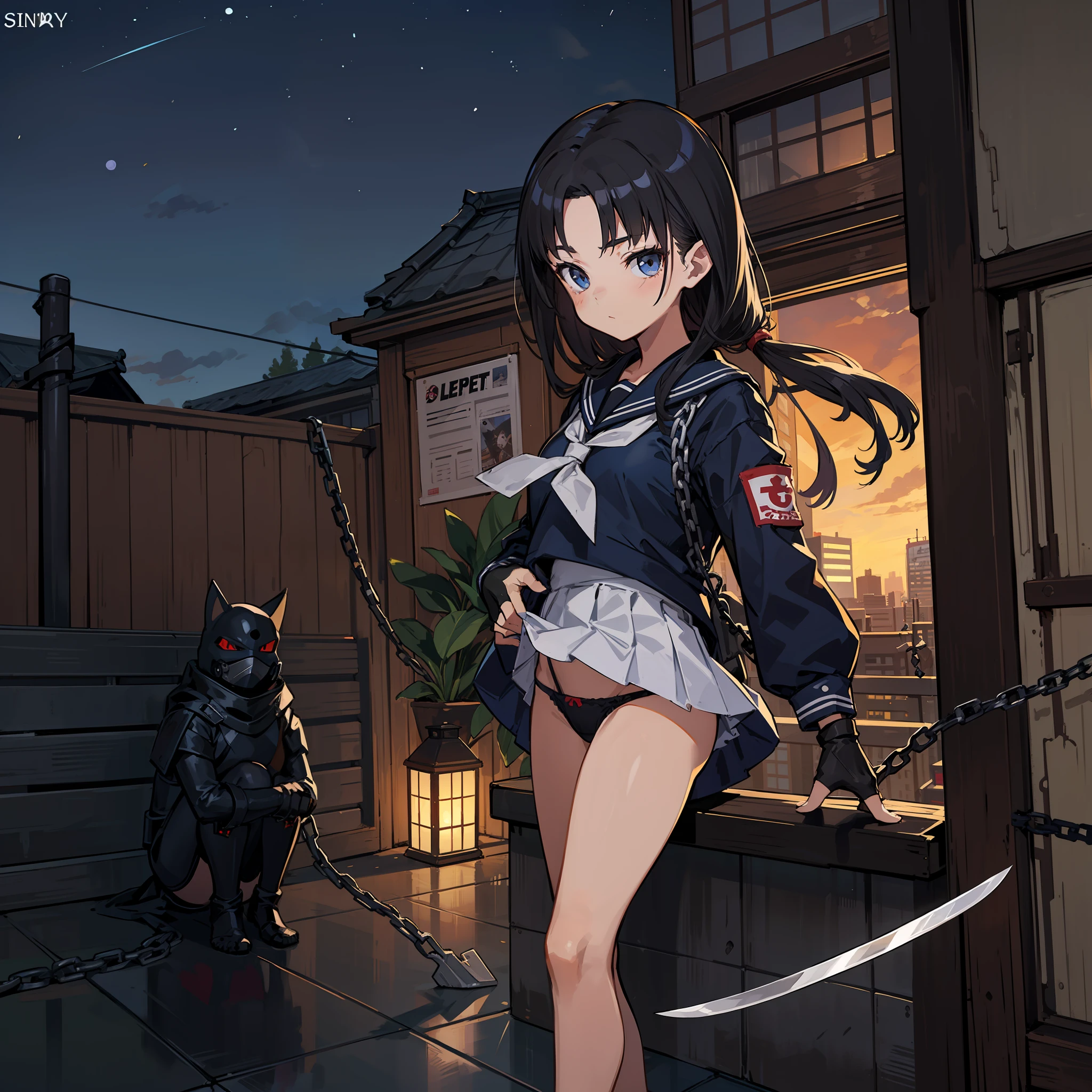 A girl、Backroom business、bounty hunter、Survival knife、Shibuya、ninjas、sailorsuit、chain mail、Open Finger Gloves、Ninja Sword、night scenery、On the rooftop、muffler、Enemy Ninja、Success、High Kick、Forehead Rest、thights、Cladding、High jump、panties