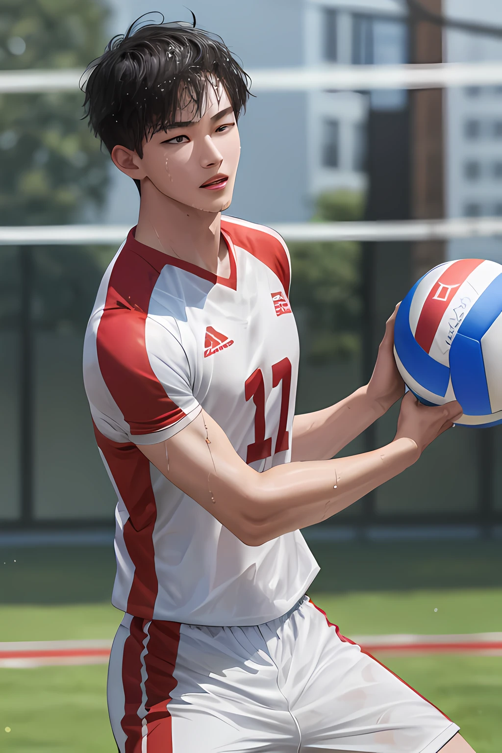 巨作: 1.2, Best quality), Realistic, (Real picture, intrincadamente detalhado, Depth of field), ( 1 Chinese boy, solo dance), Thick eyebrows, Parting lips, Highly detailed, Handsome face, (Standard body: 1.4), (Skin teeth), Thick legs, Broad shoulders, Narrow waist, tall, glossy pink lips, Black hair, Red eyes, Short hair, (Boy playing volleyball, white volleyball suit), (Sweaty: 1.2), (Wet), dashing, Blushing,