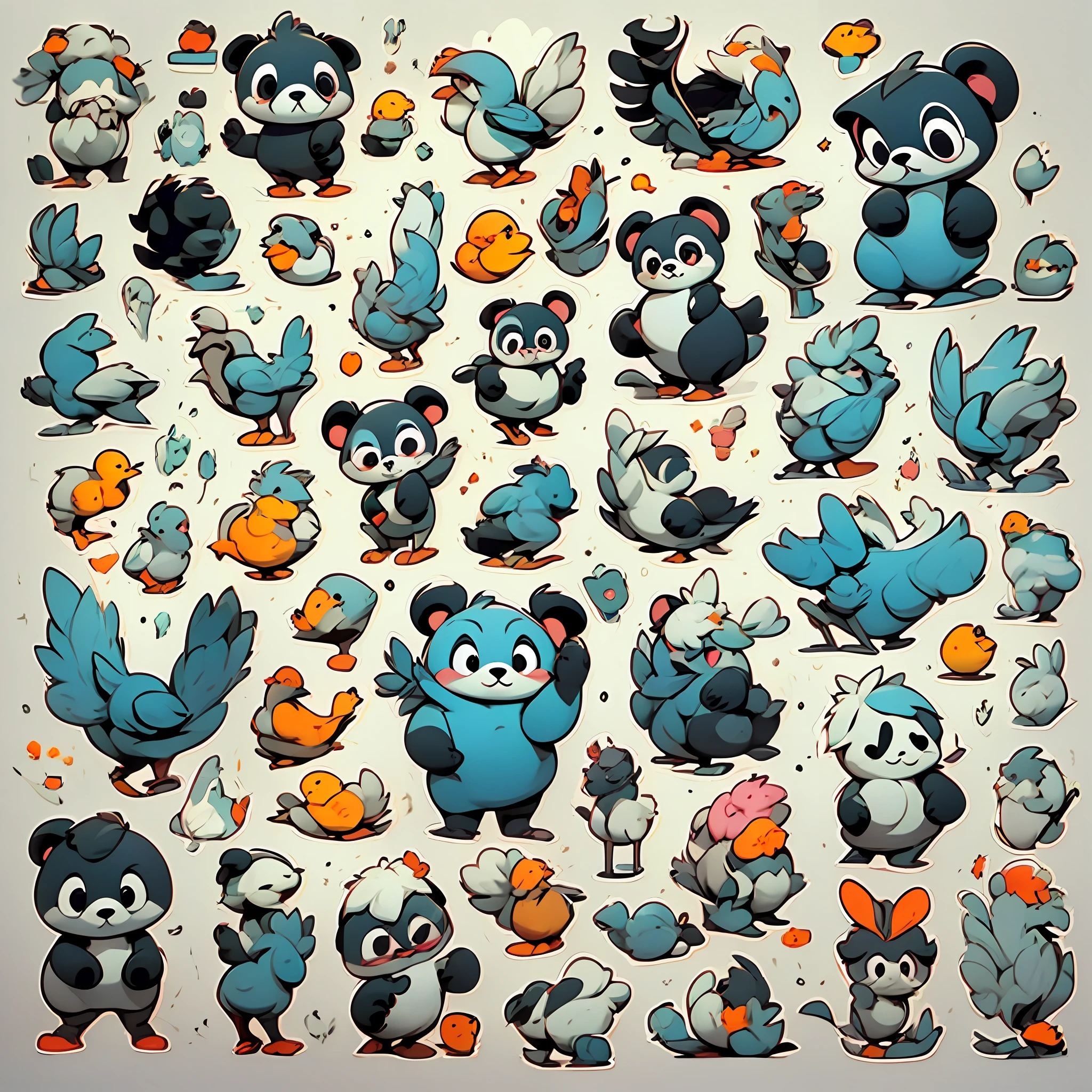 (Small animal avatars)，(chicken，duck，bull，pecora，rabbits，Panda，squirrels，dolphins)，emoticon package，(emoticon Symbol table，Align arrangement)，various poses and expressions（Grieving，astonishment，having fun，excitement，big laughter，Angry，doubt，sleep，Lift dumbbells，playing with the water），white backdrop，Anthropomorphic style，Disney style，Different emotions，9 poses and expressions，high-definition