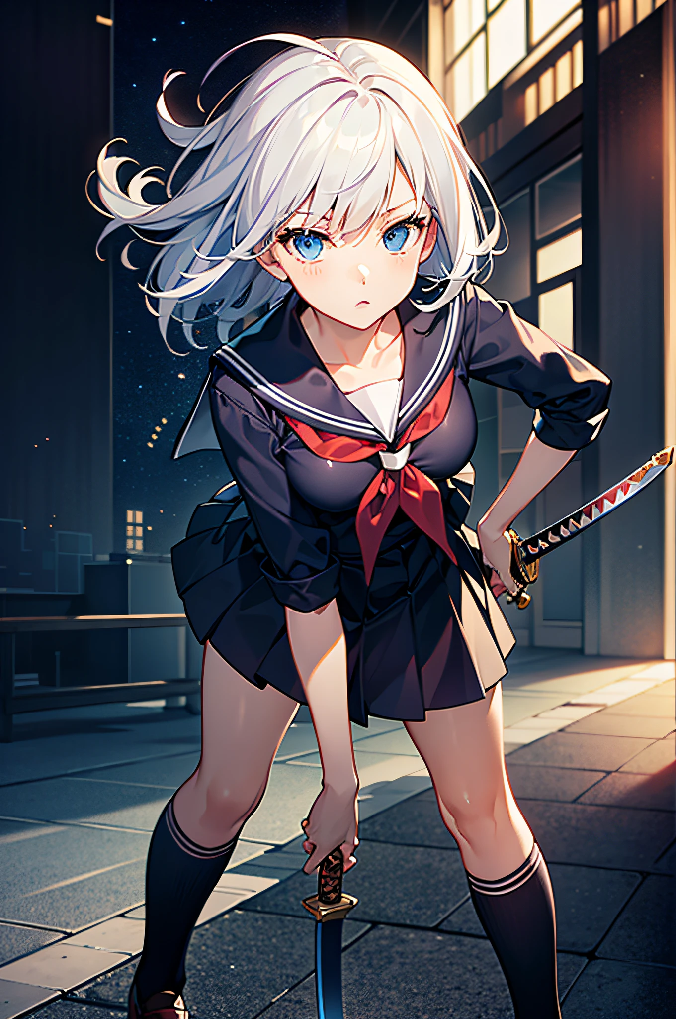 masterpiece, best quality, masterpiece,best quality,official art,extremely detailed CG unity 8k wallpaper, artbook, girl, medium hair, white hair, blue eyes, small breasts, ((serafuku)), kneehighs, holding sword, leaning forward, fighting_stance,student,floating in the sky,cool