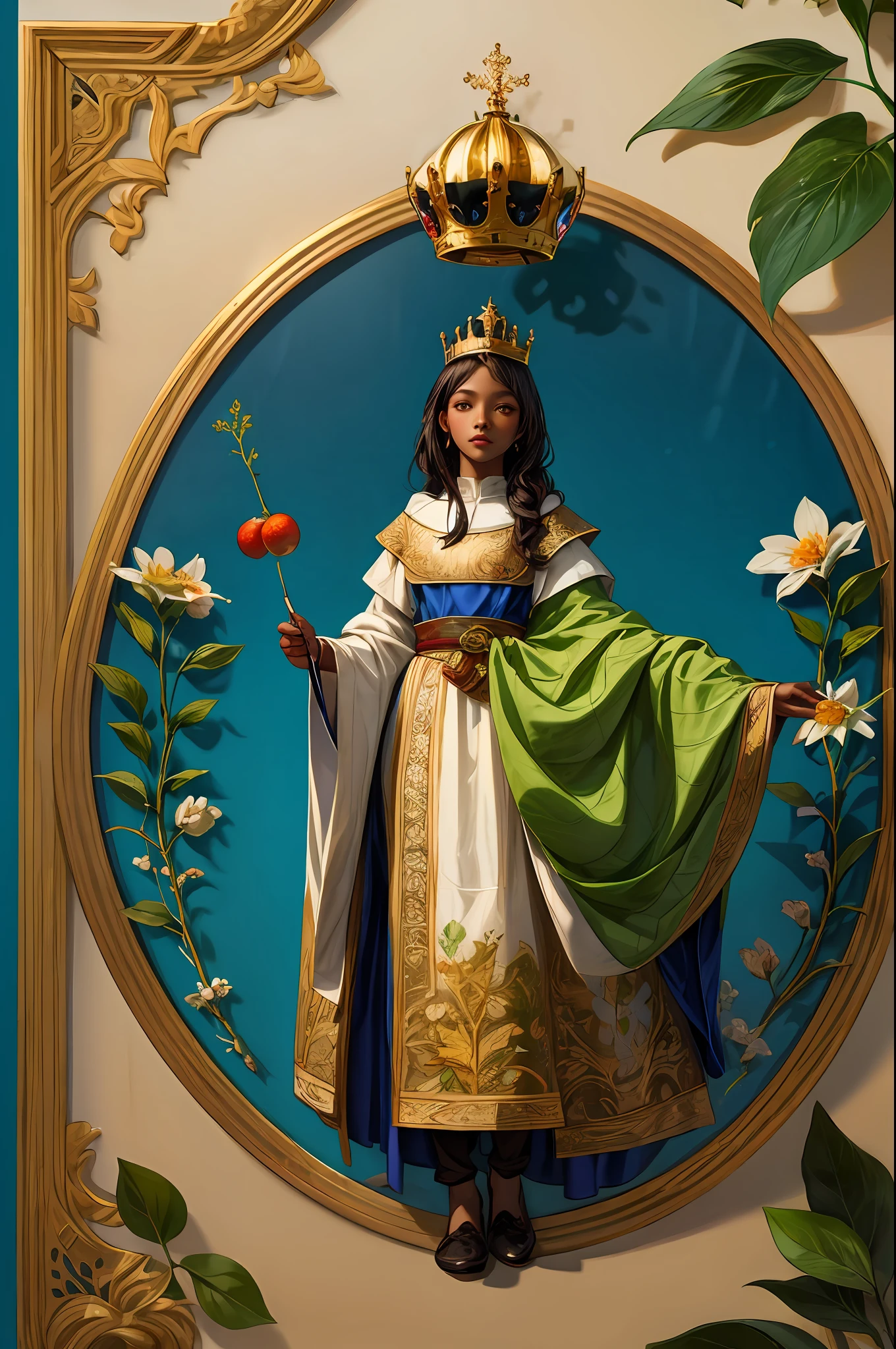 Detailed illustration of a medieval herbal manuscript page with herbal illustrations, with floral illustrations, fruits, intricate text, exceptionally high details, aerial view from above, centred, 1 princess with a crown, dark skin, blue background