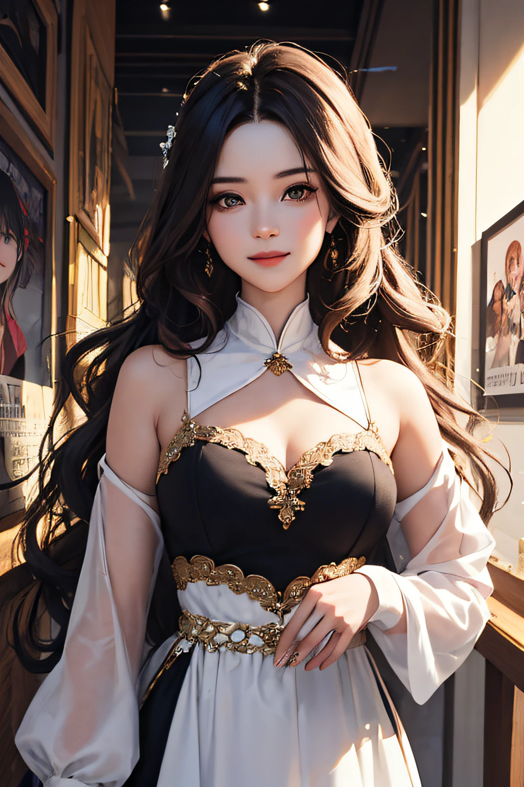 The movie poster features a young beautiful girl as the central character。Stand confidently in the center of the poster,The poster is dynamic and visually striking,Dress in fashion-forward antique costumes,With a smile on your face,Rainbow color big wavy hair。The background is a magazine cover,There is a feminine charm。Unity 8k wallpaper,aesthetically pleasing,beautifull,master-piece,best qulity,artstration,stylish,Adds to the overall drama and excitement