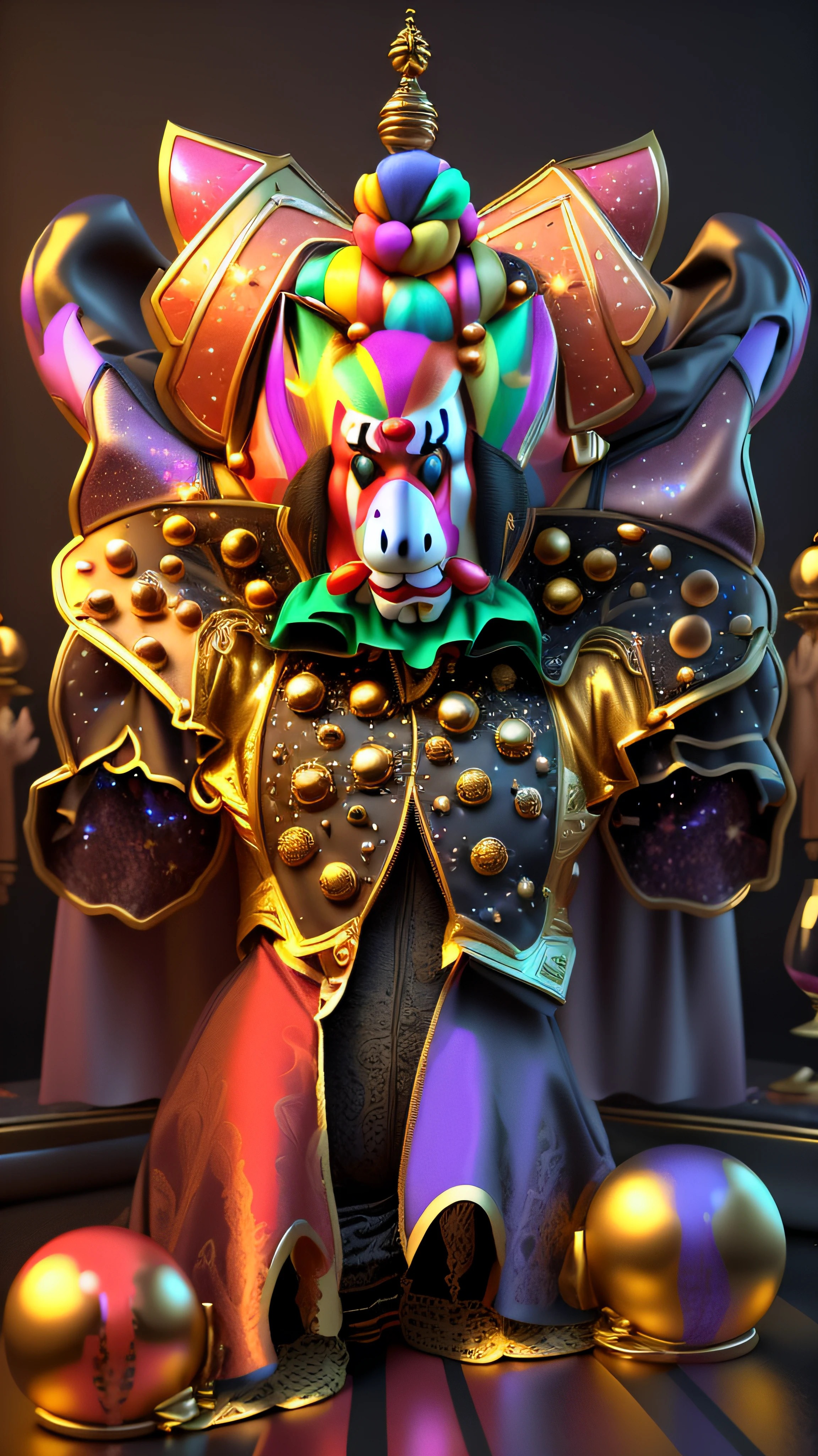 There is a cartoon image of a Clown on top of another circus clown in a multicolored outfit, Deus grego, galactic deity, Detailed clowns, Estilo Varguyart, Imperador do universo conhecido, Ultra Mega Super Detalhe, 4k, raytracing, ray-traced, bokeh, flare on camera, 3d render