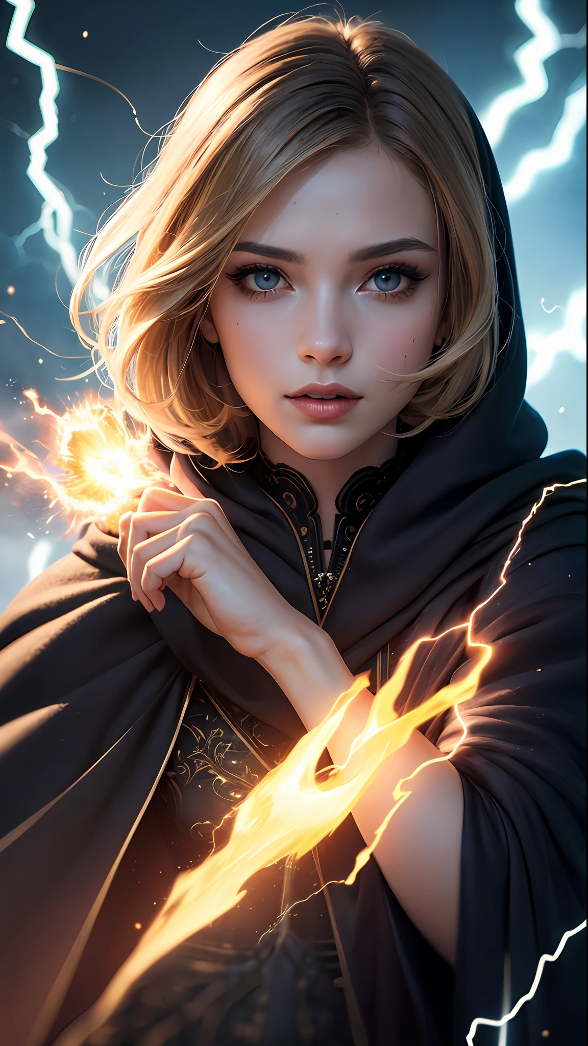 (skindentation:1.5), Realistic, Photorealistic, (masterpiece:1.5), concept art, intricate details, highly detailed, photorealistic, octane render, 8k, unreal engine, dynamic pose, best quality, highres, (realistic face:1.1), (hyperrealistic:1.1), ((full_body)), perfect eyes,(shiny skin:1.2), (((hairstyle))), (((perfect hands))), (extremely detailed background), ((dynamic background)), ((lightning)), (light rays), ((1girl)), wearing cloak, (((flowing cloak))), ((detailed eyes, high quality eyes, high quality face)), (extremely intricate robes, magical robes), short hair, casting lightning, electricity, swirling fire, radiating power, sparks, smoke, magic, ((dramatic)), epic, battlefield, depth of field, bokeh, 4k, gothic, ember, particles