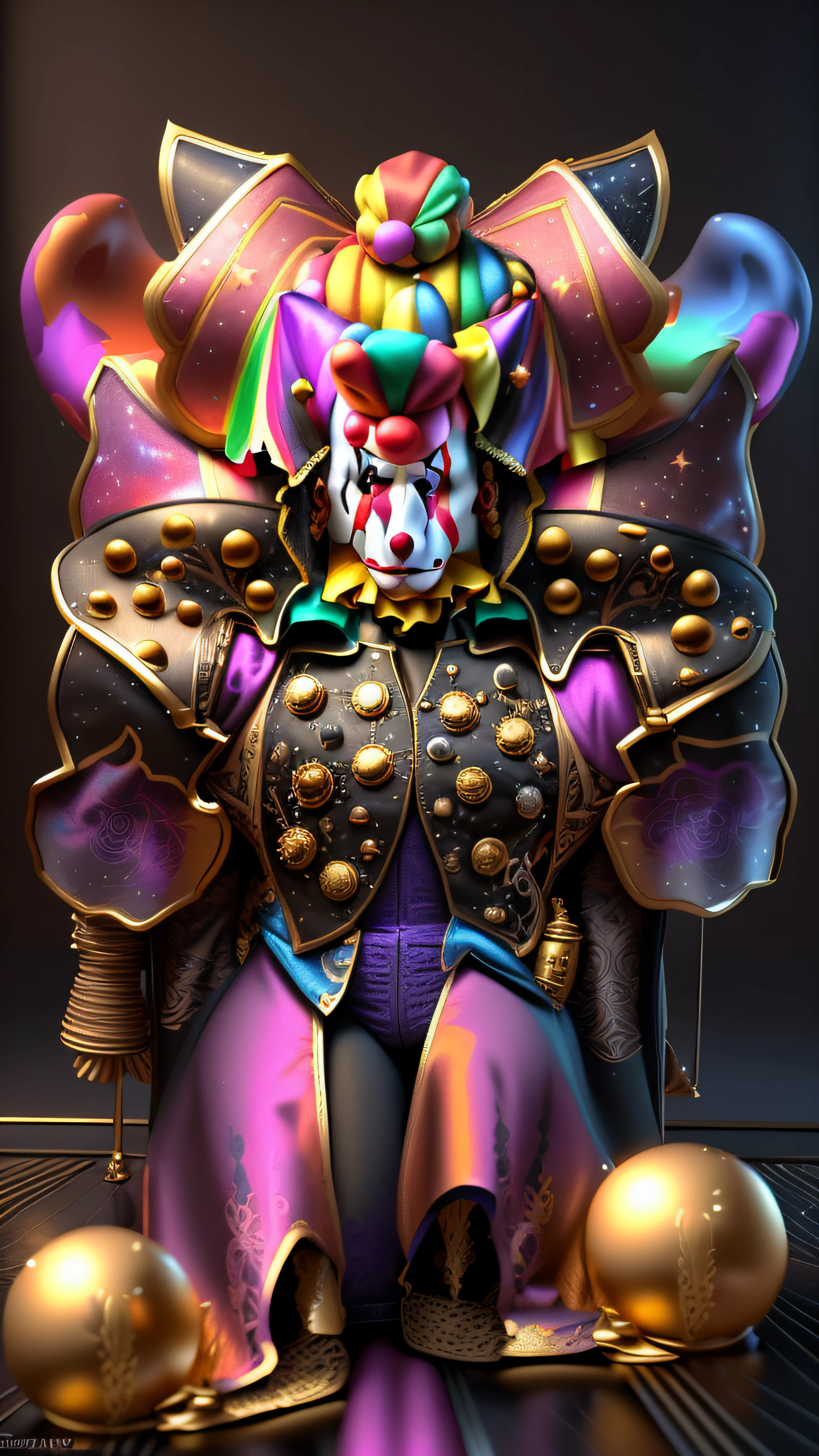 There is a cartoon image of a Clown on top of another circus clown in a multicolored outfit, Deus grego, galactic deity, Detailed clowns, Estilo Varguyart, Imperador do universo conhecido, Ultra Mega Super Detalhe, 4k, raytracing, ray-traced, bokeh, flare on camera, 3d render