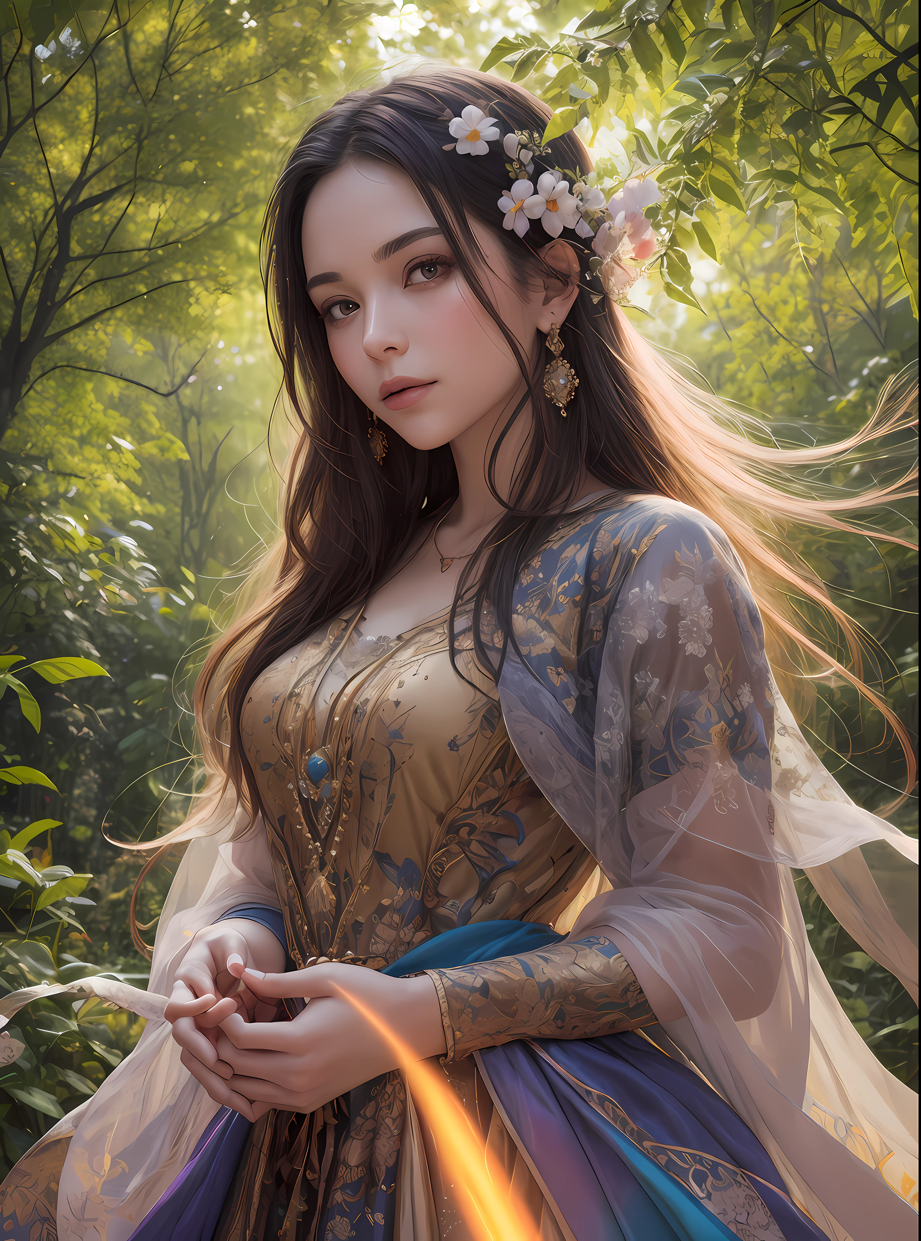 (Visual Prompt)) A woman in a magical and enchanting environment, surrounded by exotic flowers and lush trees.
She is dressed in a long, flowing dress with vibrant colors and intricate patterns.
Seus cabelos ondulados caem suavemente sobre seus ombros, adornado com flores delicadas.
The soft light of the sun passes through the leaves of the trees, criando um jogo de sombras e luzes em seu rosto sereno. She holds a glowing orb in her hands as she gazes at the distant horizon, where a majestic castle looms against the sunset sky.