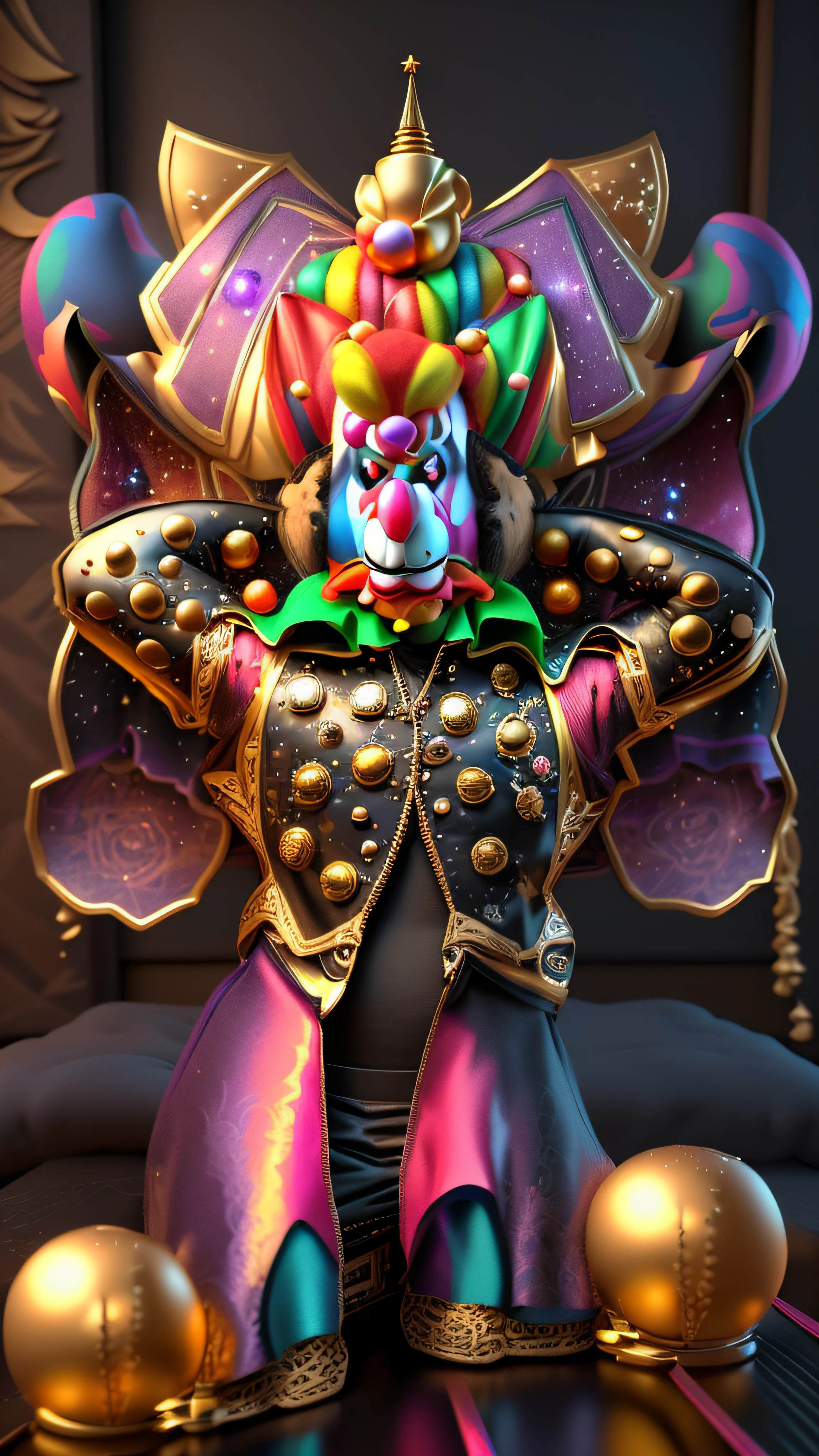 There is a cartoon image of a Clown on top of another circus clown in a multicolored outfit, Deus grego, galactic deity, Detailed clowns, Estilo Varguyart, Imperador do universo conhecido, Ultra Mega Super Detalhe, 4k, raytracing, ray-traced, bokeh, flare on camera, 3d render