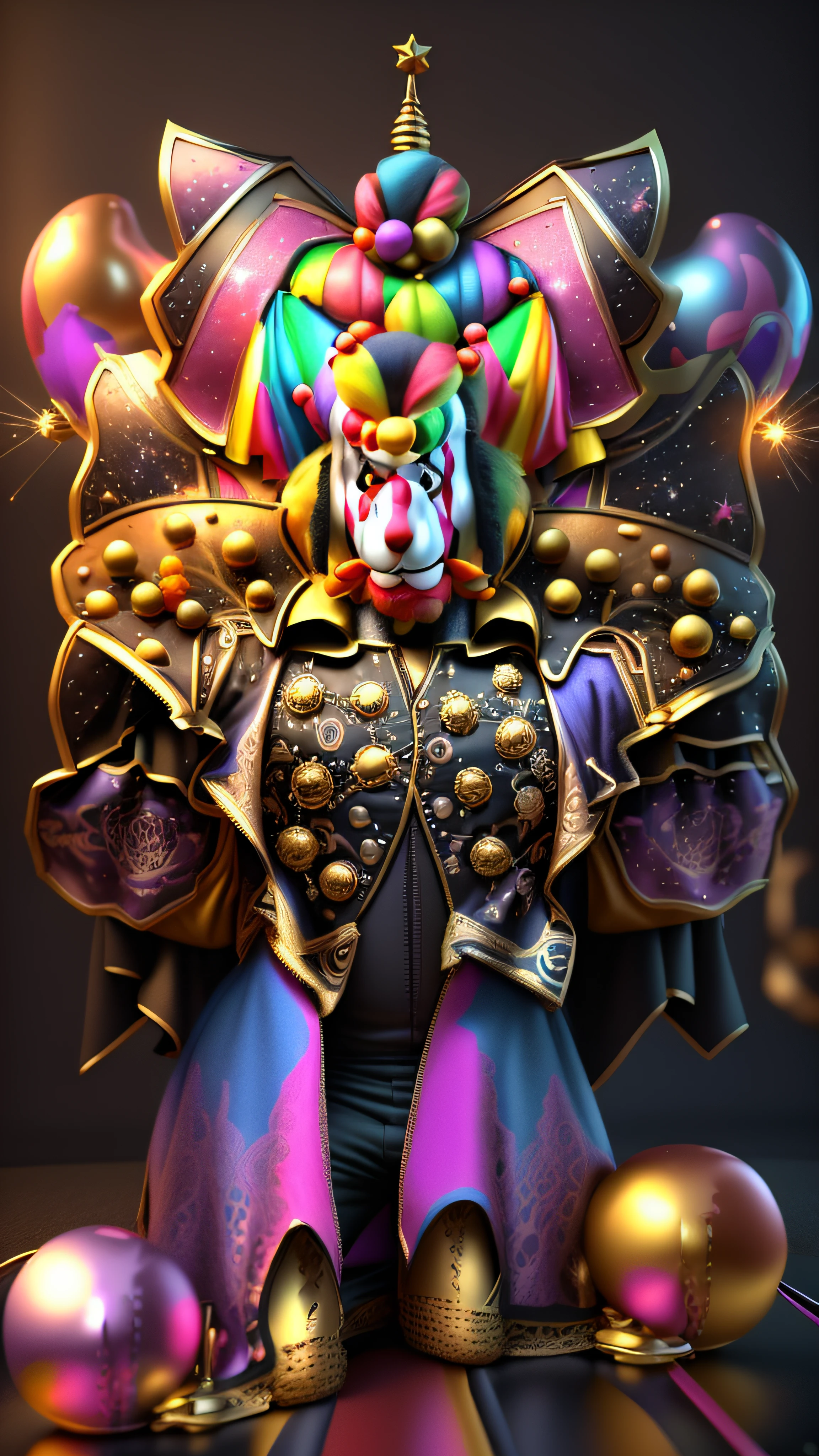 There is a cartoon image of a Clown on top of another circus clown in a multicolored outfit, Deus grego, galactic deity, Detailed clowns, Estilo Varguyart, Imperador do universo conhecido, Ultra Mega Super Detalhe, 4k, raytracing, ray-traced, bokeh, flare on camera, 3d render