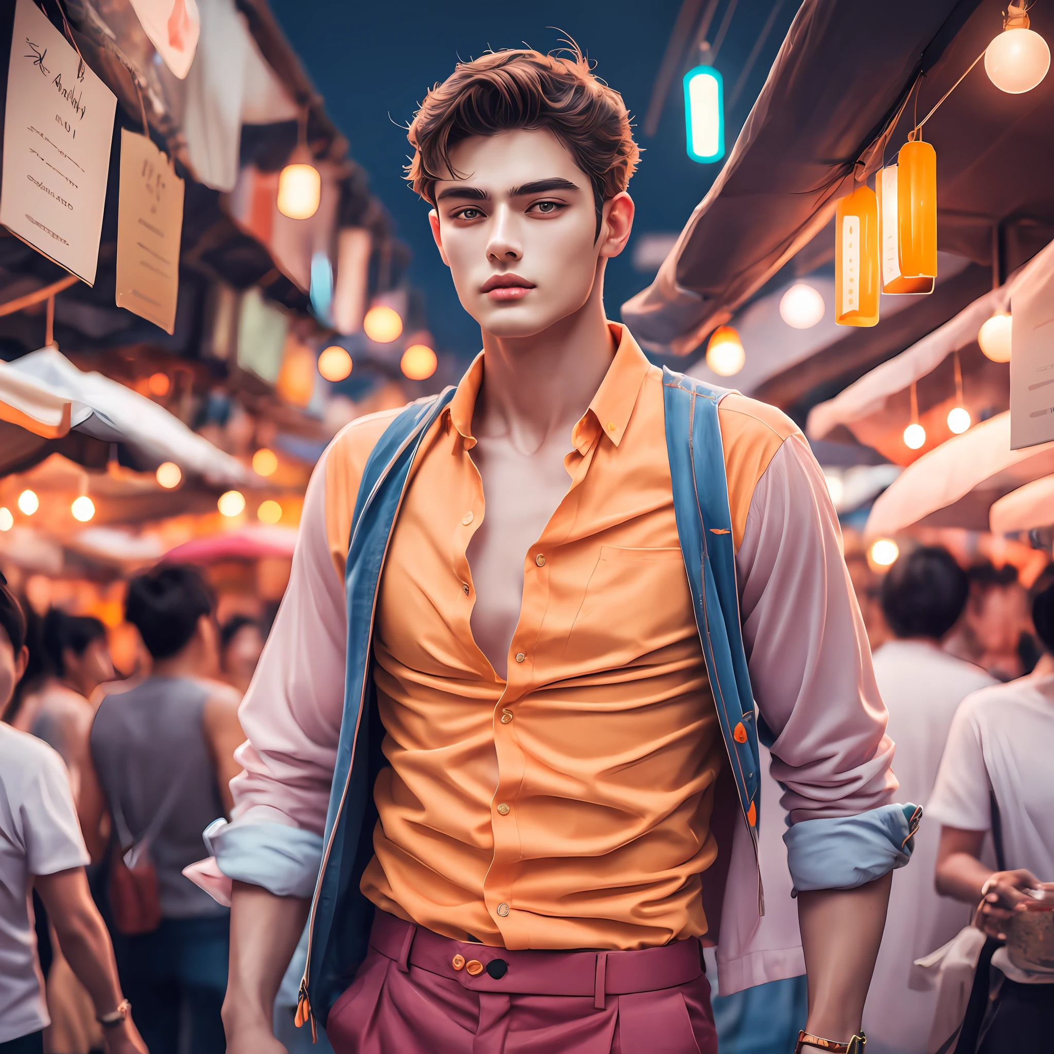 Captivating presence radiates from the fusion of Sean O'Pry and Lucky Blue Smith, forming an irresistible allure. This mesmerizing medium wide shot beautifully captures the raw beauty of a slim 18-22-year-old man exuding a truly masculine aura. Dressed in casual summer outfits, (wear a full of orange color outfit), ((orange shirt and orange pants)), ( button-up shirt), he effortlessly embodies a relaxed yet stylish charm that captivates the viewer's gaze. Against the enchanting backdrop of the Night Market in Old Town Chiang Mai, Thailand at night time, he confidently stands tall amidst the vibrant atmosphere, illuminated by colorful lights and surrounded by a bustling crowd. The picturesque setting of the Night Market perfectly complements his magnetic allure, as he effortlessly blends into the vivacity of the scene. The vivid colors and rich cultural heritage of Thailand infuse depth and vibrancy into the composition, creating a visually stunning tapestry. Meticulously captured, every detail becomes a testament to the photographer's artistry, from the soft glow of the lights on his skin to the gentle breeze that rustles his outfit. This photo transcends reality, inviting the viewer to immerse themselves in the lively ambiance and evoking a sense of wonder. Captured with a high-quality camera, it showcases exceptional definition, natural tones, and intricate details, enveloping the viewer in its undeniable beauty. The expert use of lighting adds allure to the scene, enchanting the viewer's senses. Through advanced rendering techniques, the artistry comes to life, providing an immersive and captivating visual experience. This masterpiece transports the audience to the captivating Night Market in Old Town Chiang Mai, Thailand, where the model seamlessly embodies timeless elegance, harmoniously blending with the vibrant spirit of the night market.