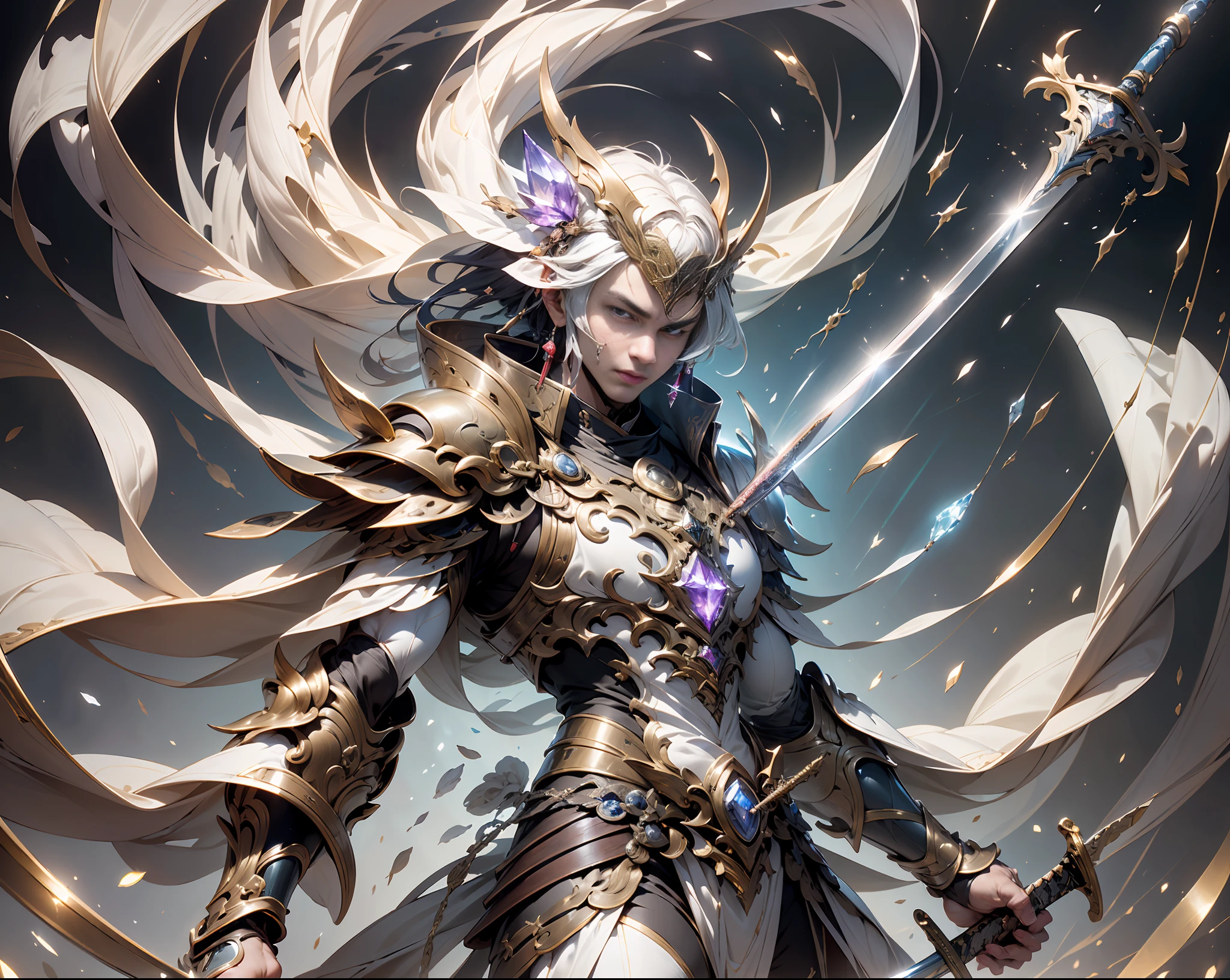 (epee:1.5),(The man brandished the sword in his hand:1.8),The ultimate king of the universe,Ancient divine beast armor,Ancient legends,Chinese Taoism,mysterious symbols,Ethereal lights,surrounded by cloud,Fighting posture,giant mecha,,White is the main color，With red、Bright decorative colors such as blue and gold。(crystal:1.3),(((巨作))),(((Best quality))),((ultra -detailed))((Extremely detailed CG)),((16K resolution))((An extremely delicate and beautiful)),{Photorealistic},Full of detailed light blooms,A masterpiece from the Canon EOS R6 shooting,((nmasterpiece)) ,cinematiclight,独奏,Unreal Engine 5,(Chinese Longquan sword,Superb craftsmanship、An elegant and powerful sword。The blade is slender and graceful，Forged using traditional techniques。The body of the knife is carved with fine ornaments，Showcasing mythical creatures and symbols of power。The handle is made of precious ivory material),lightening,raiden