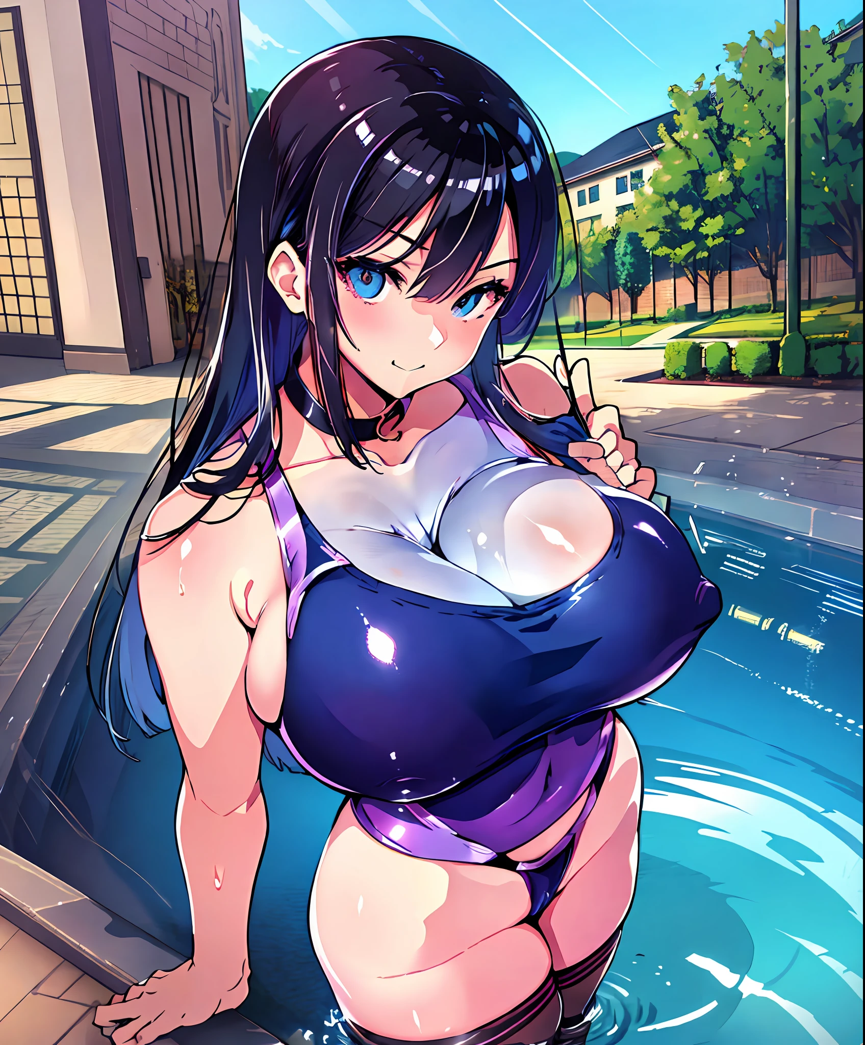 A masterpice, the best quality, High_resolution, Fine details, highly detailed and beautiful, Distinct_image, 1个女孩, , black  hair,Blue Eye, (giant breast), (titty),Curve,(School Swimsuit),(standing split),(thighhigh),pools,