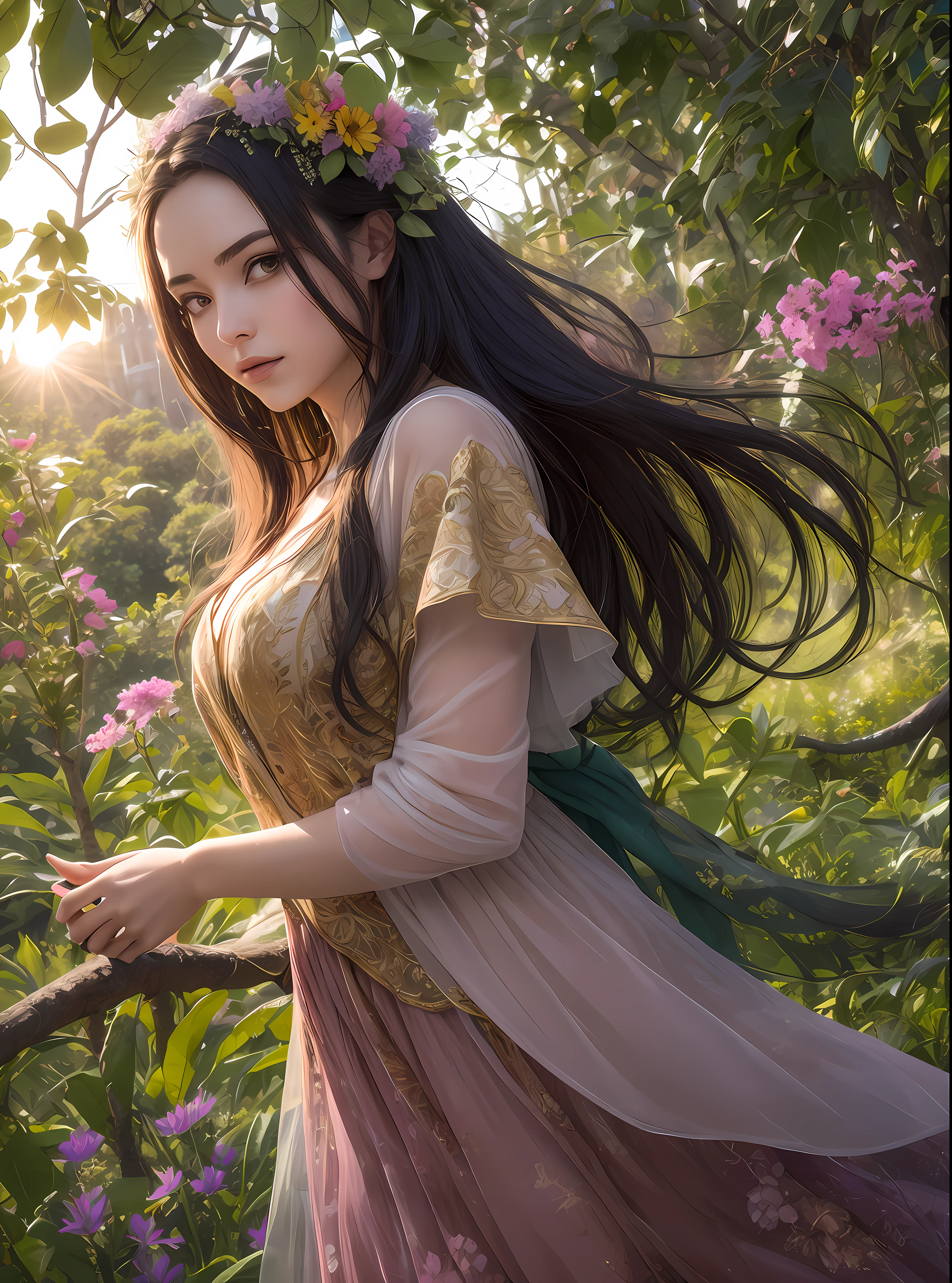 (Visual Prompt)) A woman in a magical and enchanting environment, surrounded by exotic flowers and lush trees.
She is dressed in a long, flowing dress with vibrant colors and intricate patterns.
Seus cabelos ondulados caem suavemente sobre seus ombros, adornado com flores delicadas.
The soft light of the sun passes through the leaves of the trees, criando um jogo de sombras e luzes em seu rosto sereno. She holds a glowing orb in her hands as she gazes at the distant horizon, where a majestic castle looms against the sunset sky.