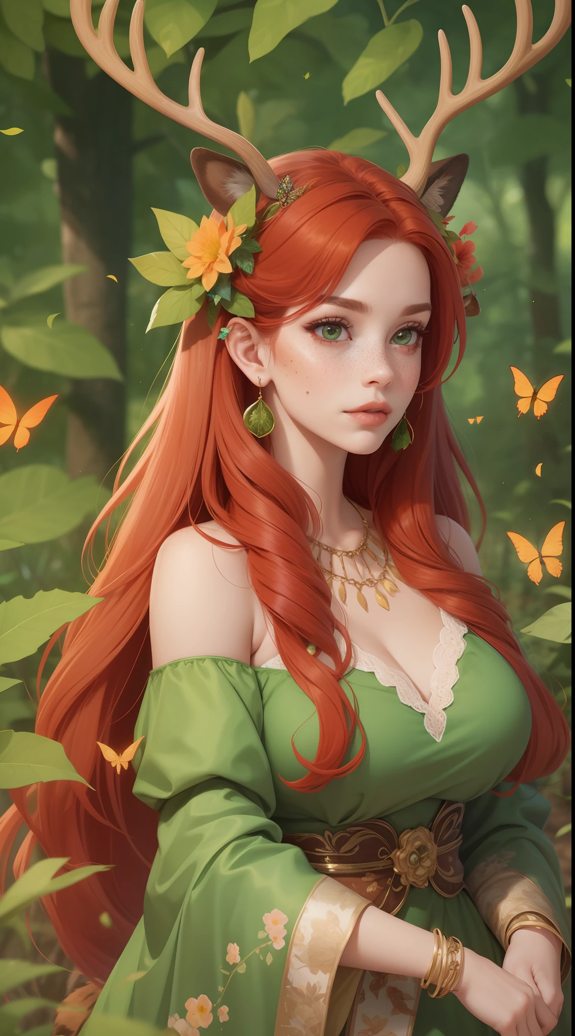 one mature adult woman with Antlers and Bright Red hair wearing a green fantasy outfit made of leaves and flowers with butterflies all around her. She has Deer ears. Fawn ears. Butteflies in her hair. she has lots of freckles. woodland setting surrounded by butteflies