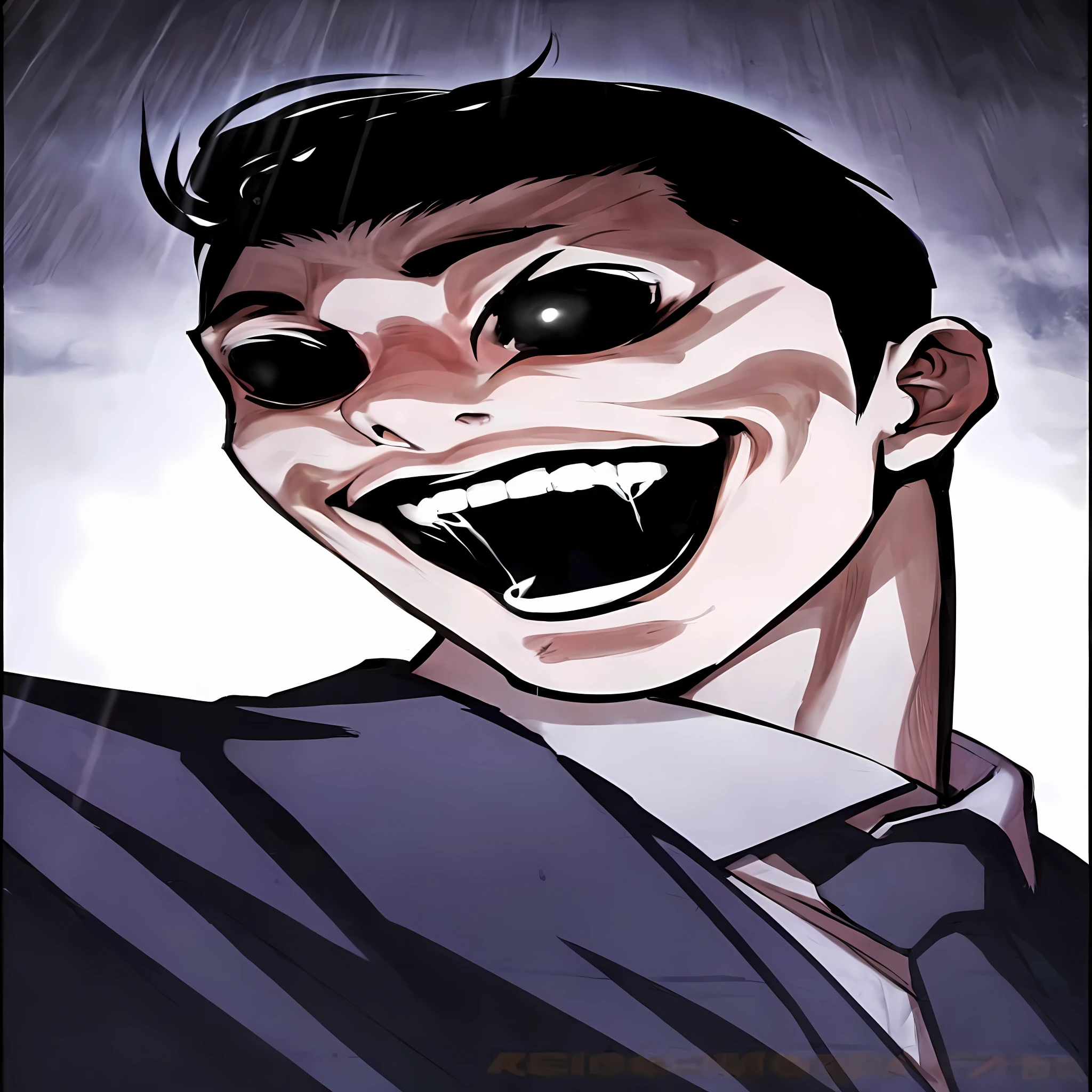 batman the animated animated character of a man with a big smile, large eyes and menacing smile, junji ito 4 k, junji ito style, evil grin, subtle junji ito, junji ito artwork, unsettling grin, grinning sinisterly, slasher smile, wide evil grin, insane smile, inspired by Ryuzaburo Umehara