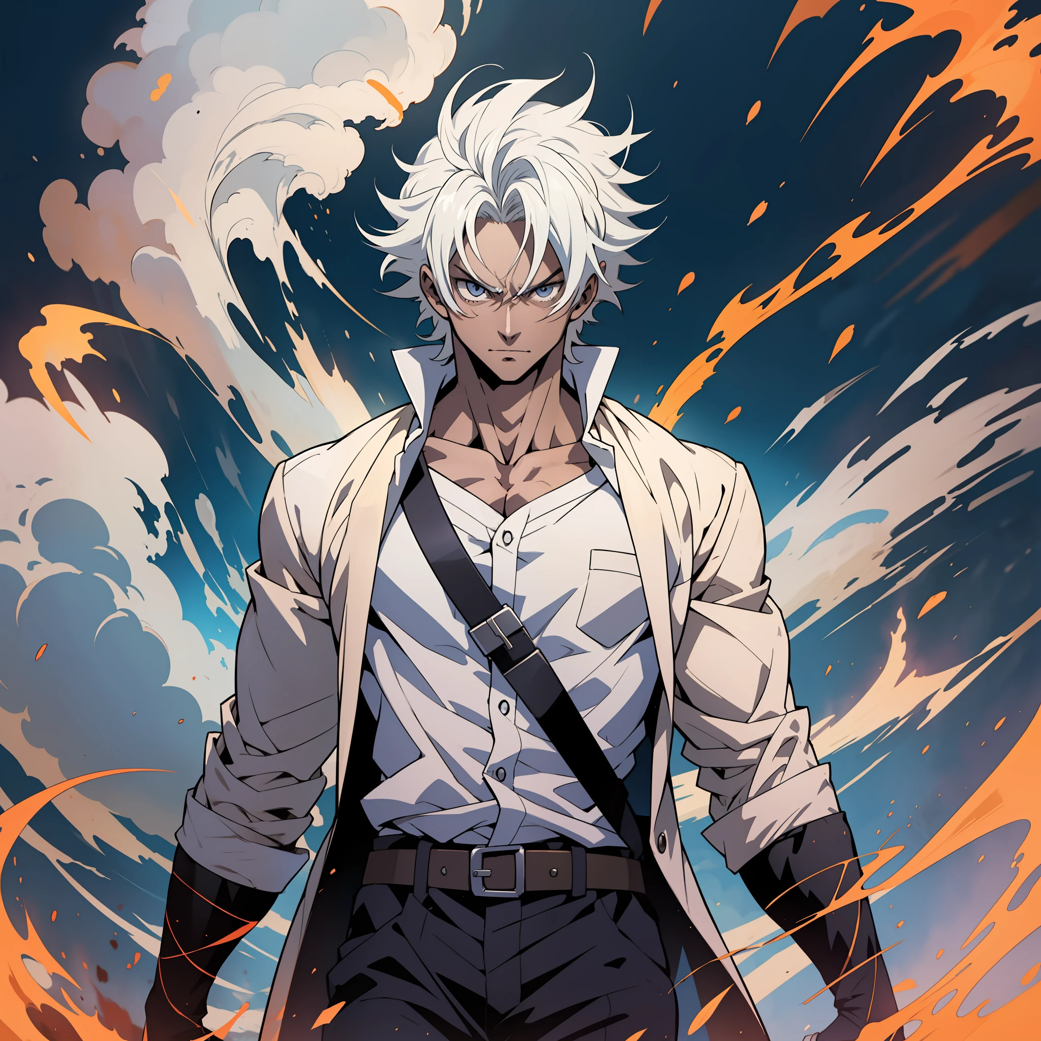 anime character with white hair and a white shirt standing in front of a fire, badass anime 8 k, handsome guy in demon slayer art, male anime character, best anime 4k konachan wallpaper, anime handsome man, detailed anime character art, handsome anime pose, anime style 4 k, 4k anime wallpaper, anime character art, key anime art