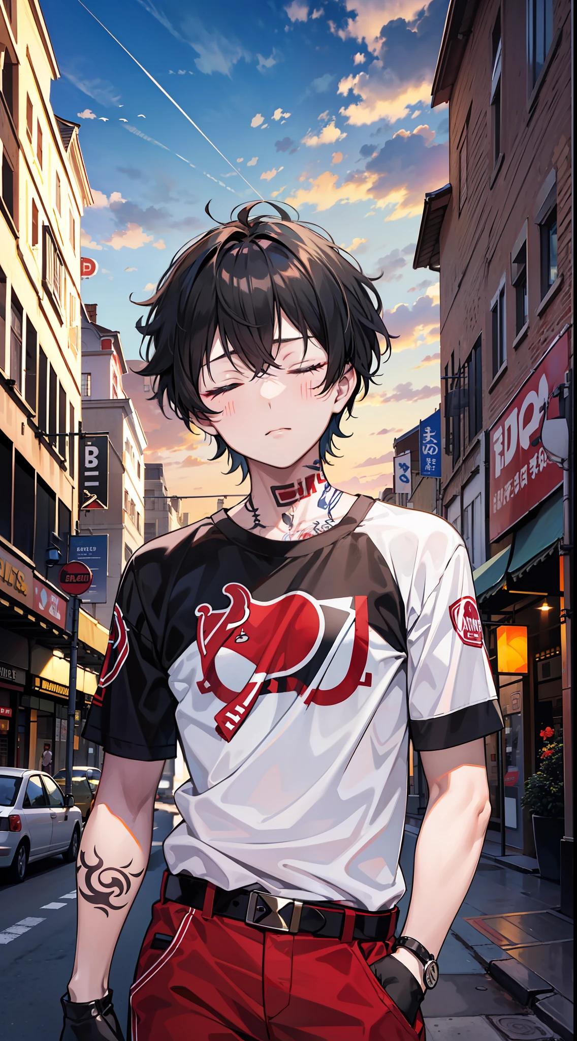 young boy, short black hair, closed eyes, white tattoos on the face, Daredevil, Masterpiece, high qulity