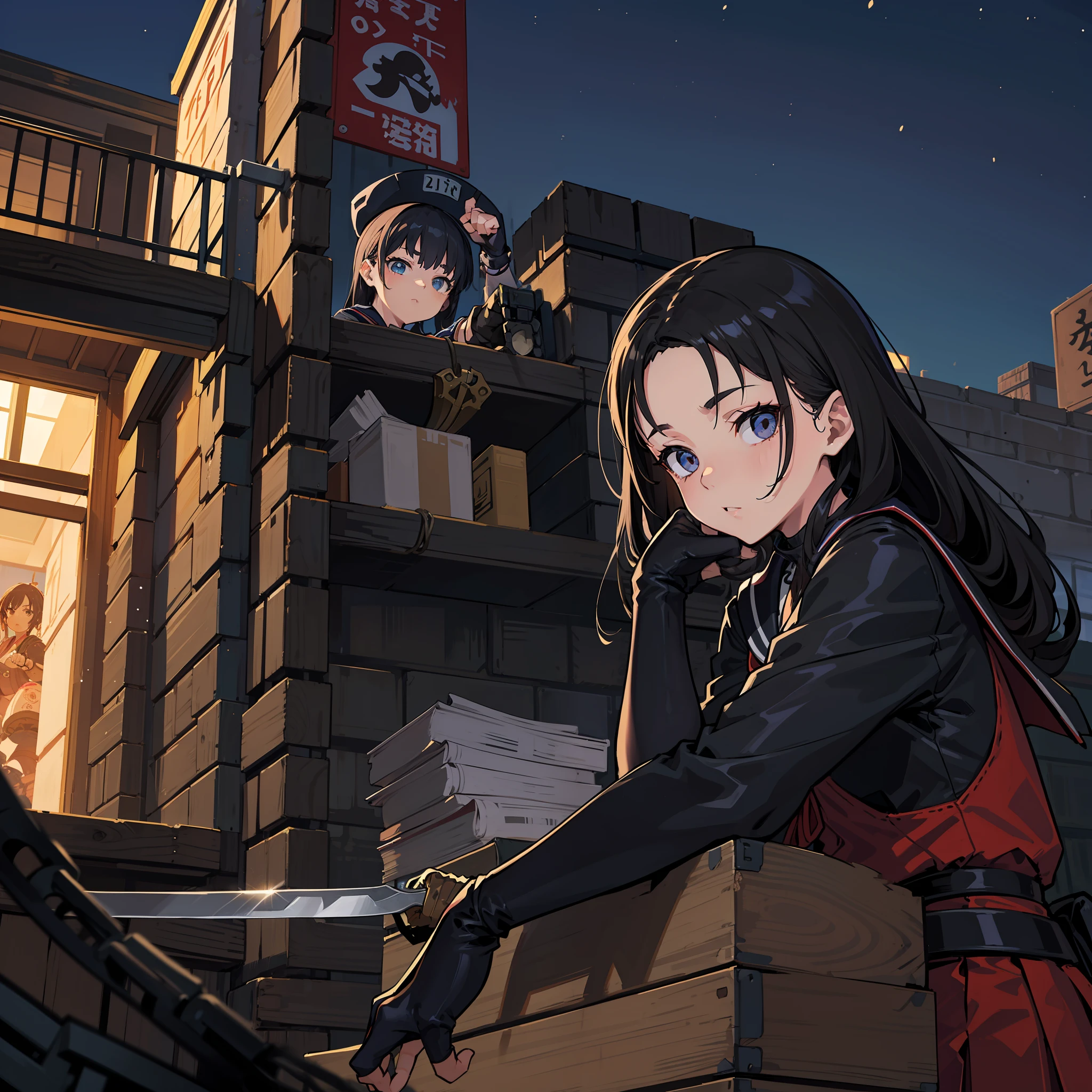 A schoolgirl、Backroom business、bounty hunter、Survival knife、Shibuya、ninjas、sailorsuit、chain mail、Open Finger Gloves、Ninja Sword、night scenery、On the rooftop、muffler、Enemy Ninja、Success、High Kick、Forehead Rest、thights、Cladding、High jump、Panchira