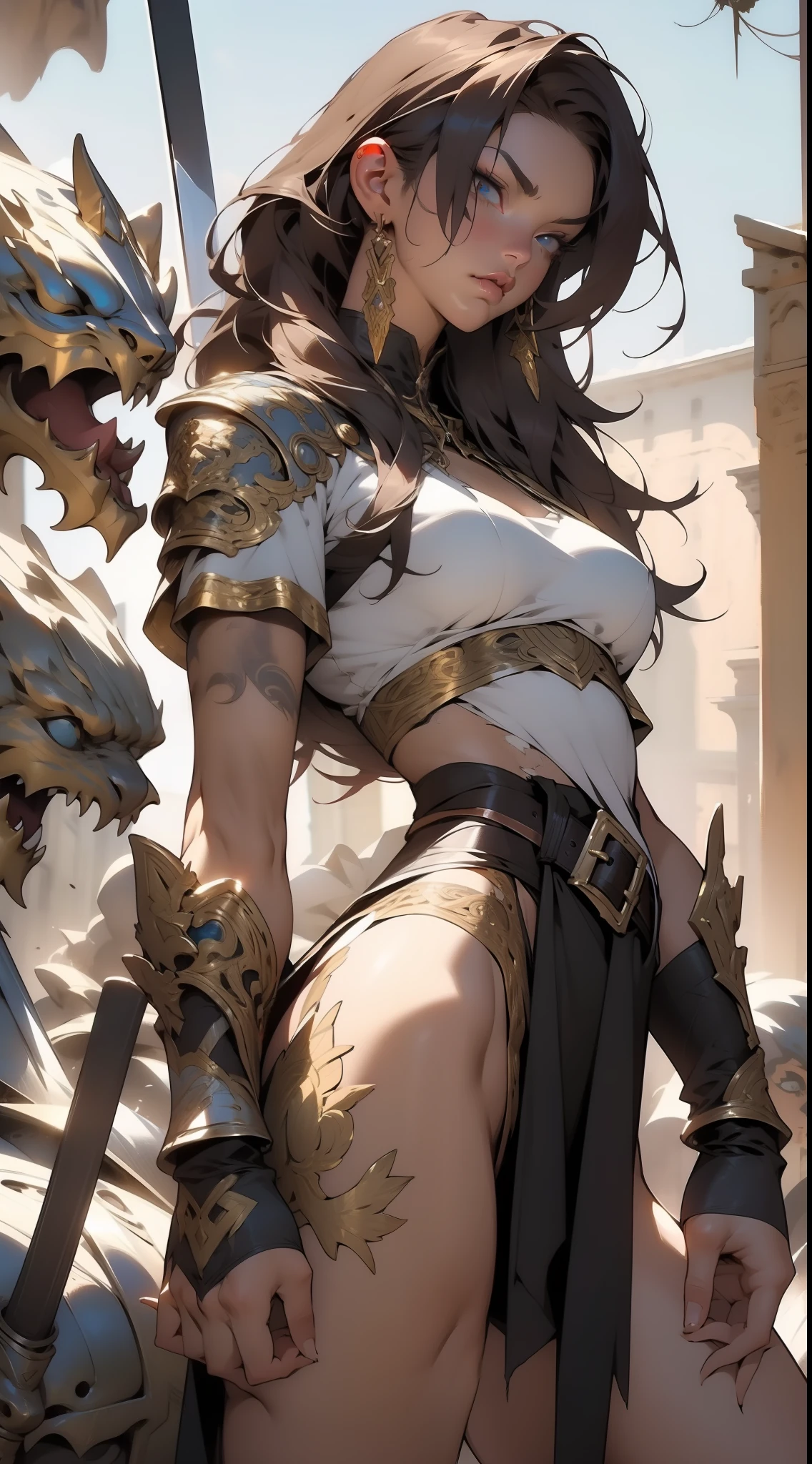 ((Simon Bisley)), Beautiful full-body woman, 30 years old, muscular and perfect body, fierce warrior, fighting with fury with her sword, wide belt at the waist made of ornate gold, Hercules-style clothes, spartan, with micro clothes, with little clothing, tiny thong, large breasts, generous neckline, holding a giant, dirty and torn sword, fantastic art outfit, Hair fulfilled or short, brave face, dark kingdom, sexy pose, on a battlefield